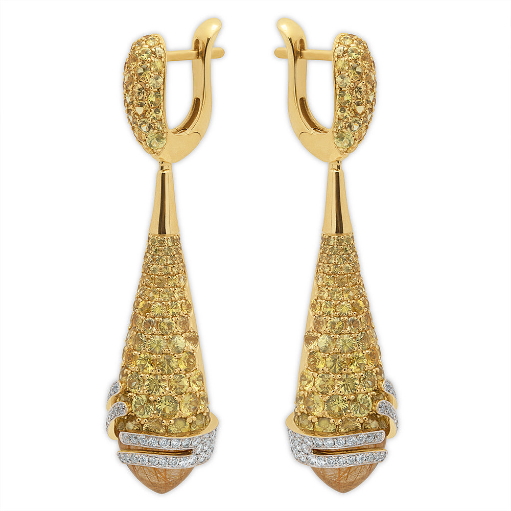 Rutilated Quartz, Yellow Sapphire, Diamonds 18 Karat Yellow Gold Earrings, E 0053-1