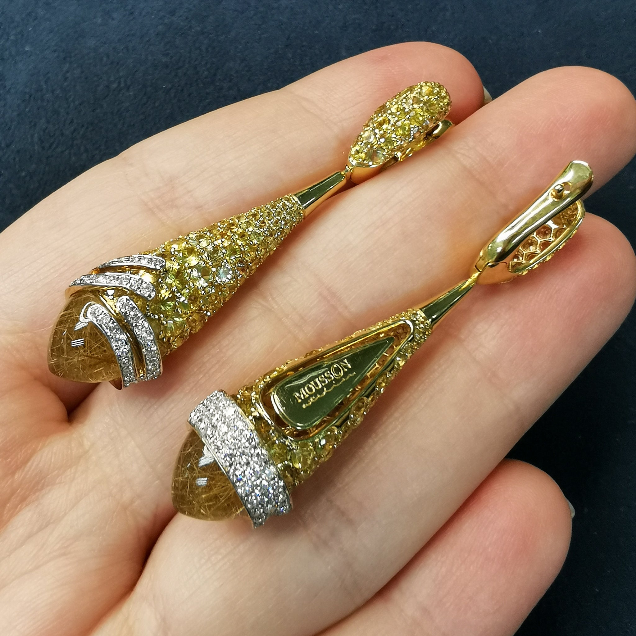 E 0053-1, 18K Rutilated Quartz, Yellow Sapphire, Diamonds Earrings