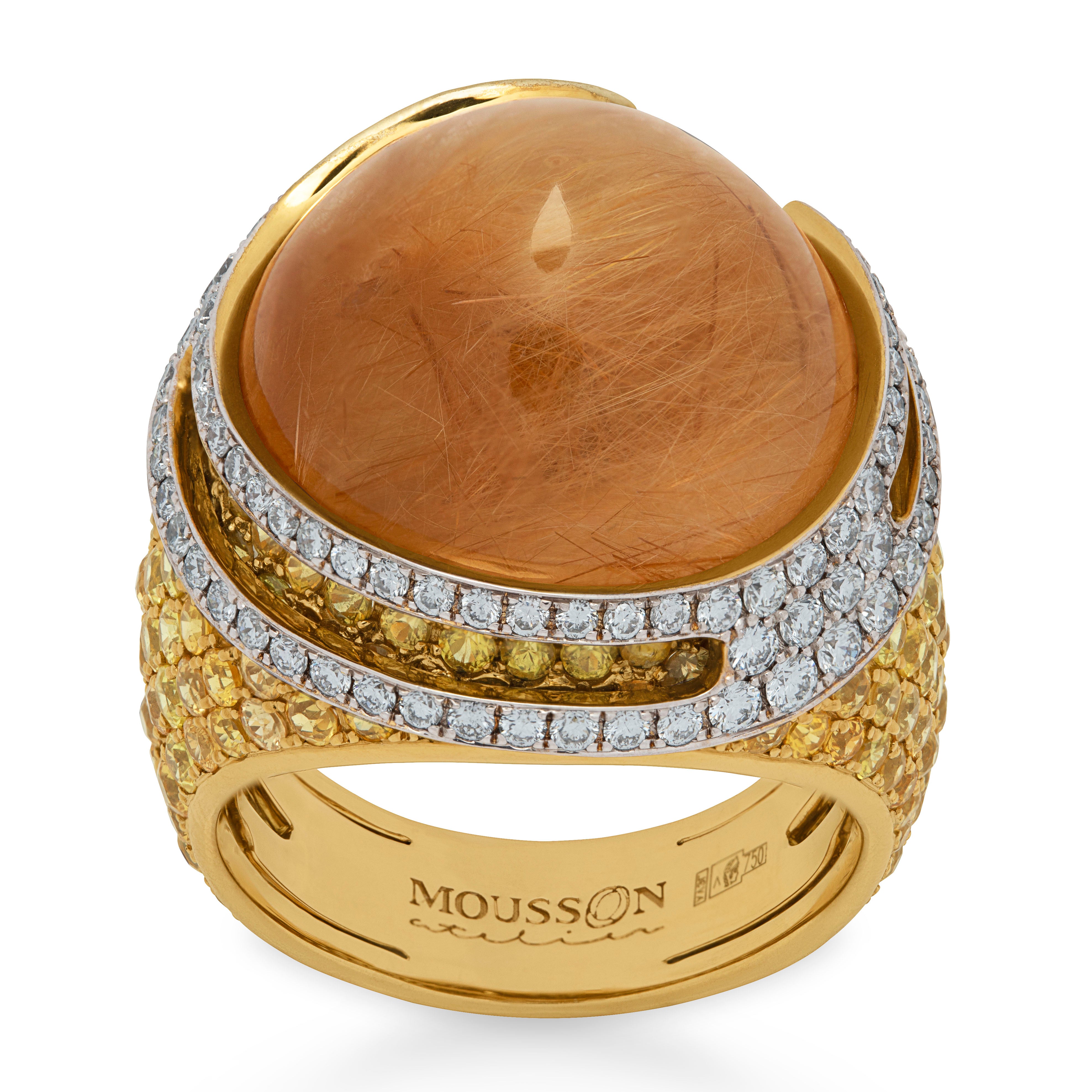 Rutilated Quartz, Yellow Sapphire, Diamonds 18 Karat Yellow Gold Ring, R 0053-0