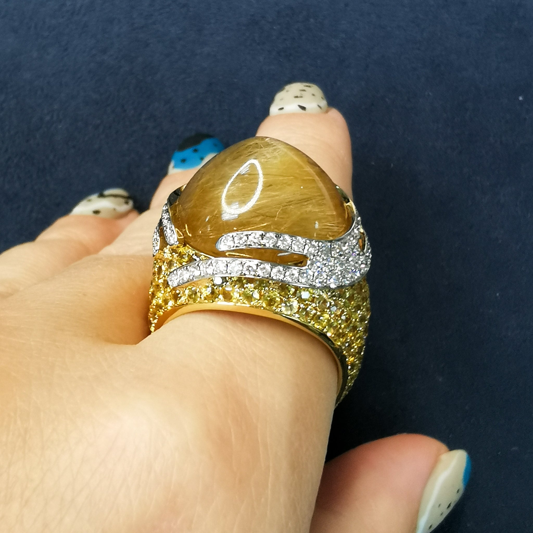 Rutilated Quartz, Yellow Sapphire, Diamonds 18 Karat Yellow Gold Ring, R 0053-0