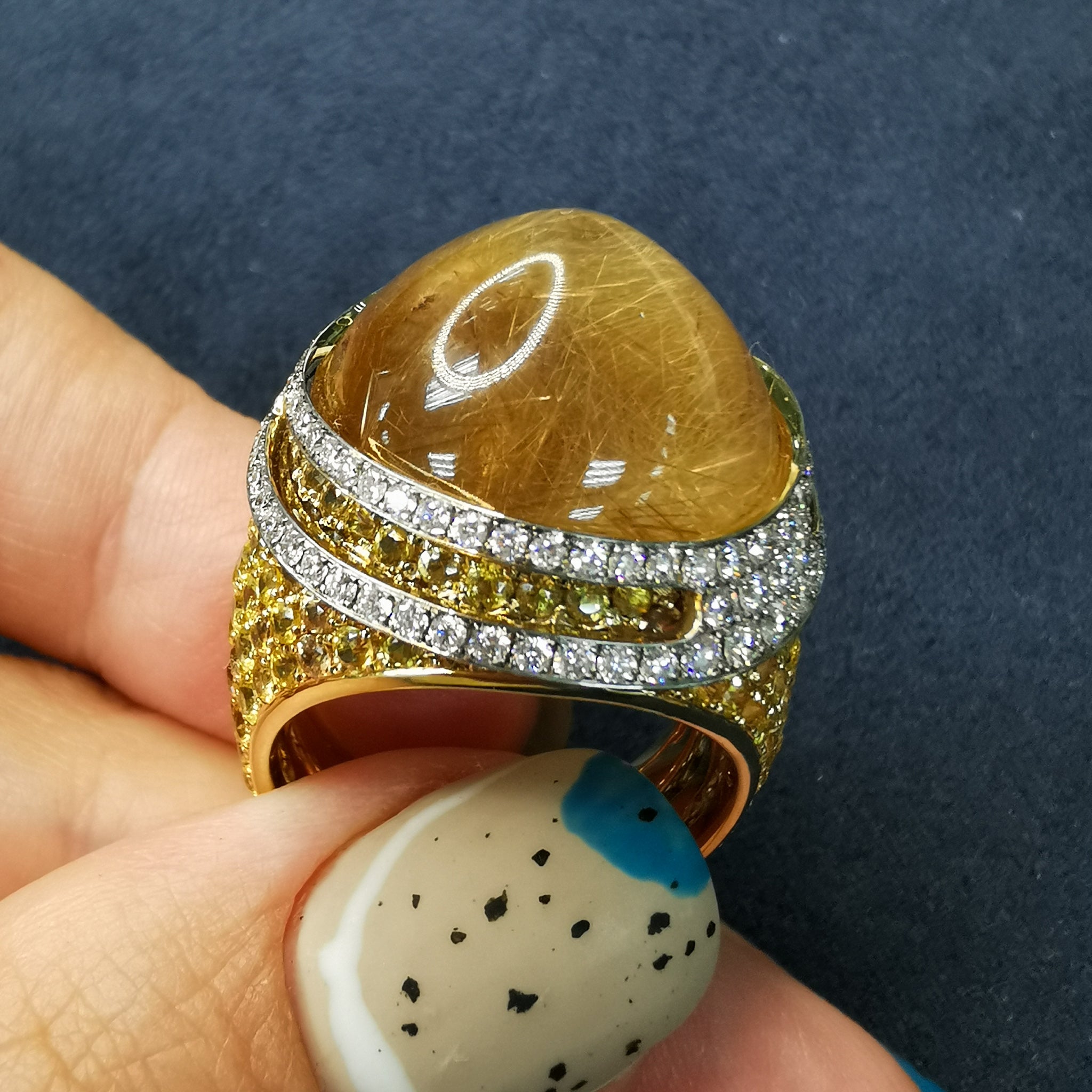 Rutilated Quartz, Yellow Sapphire, Diamonds 18 Karat Yellow Gold Ring, R 0053-0