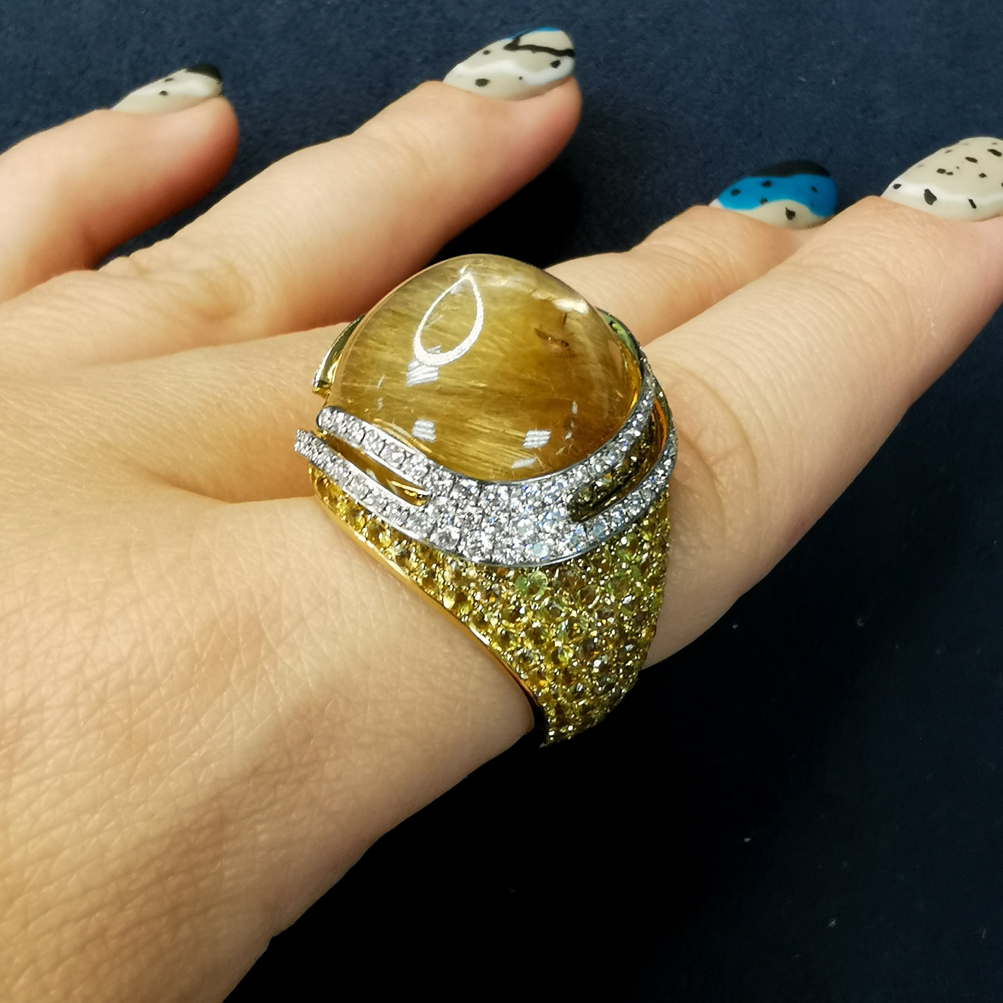 Rutilated Quartz, Yellow Sapphire, Diamonds 18 Karat Yellow Gold Ring, R 0053-0