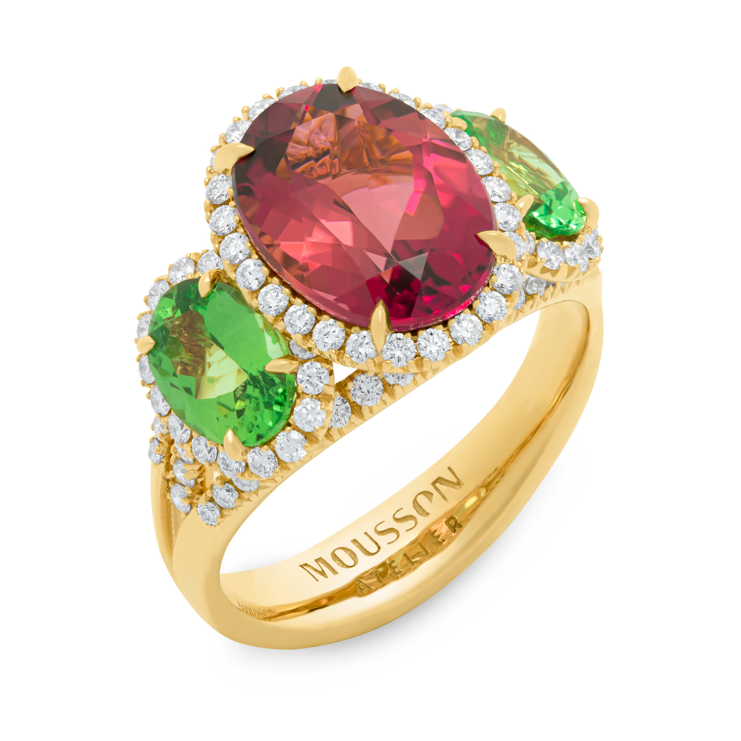 R 0022-25, 18K Yellow Gold, Pink Tourmaline, Tsavorites, Diamonds Ring