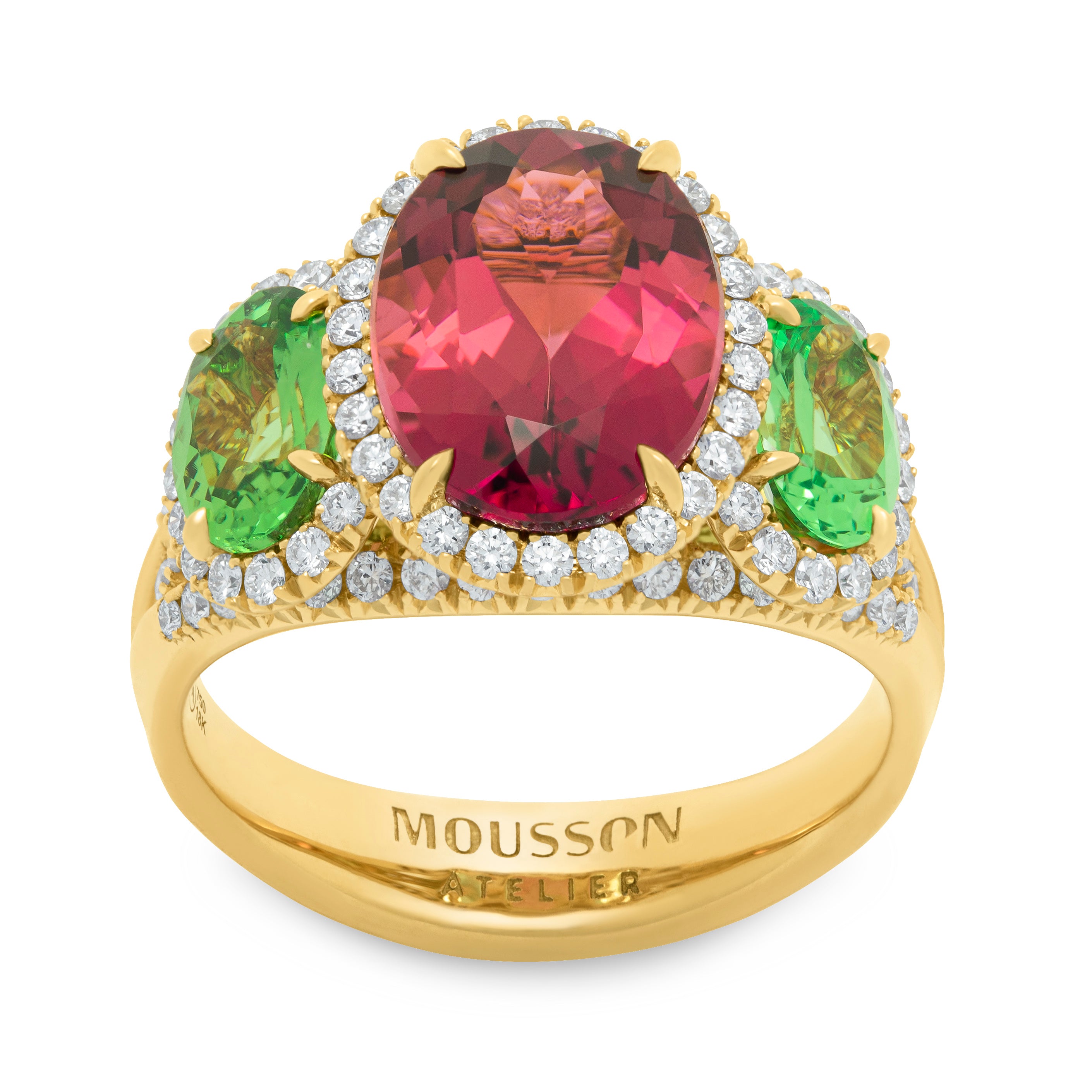 R 0022-25, 18K Yellow Gold, Pink Tourmaline, Tsavorites, Diamonds Ring