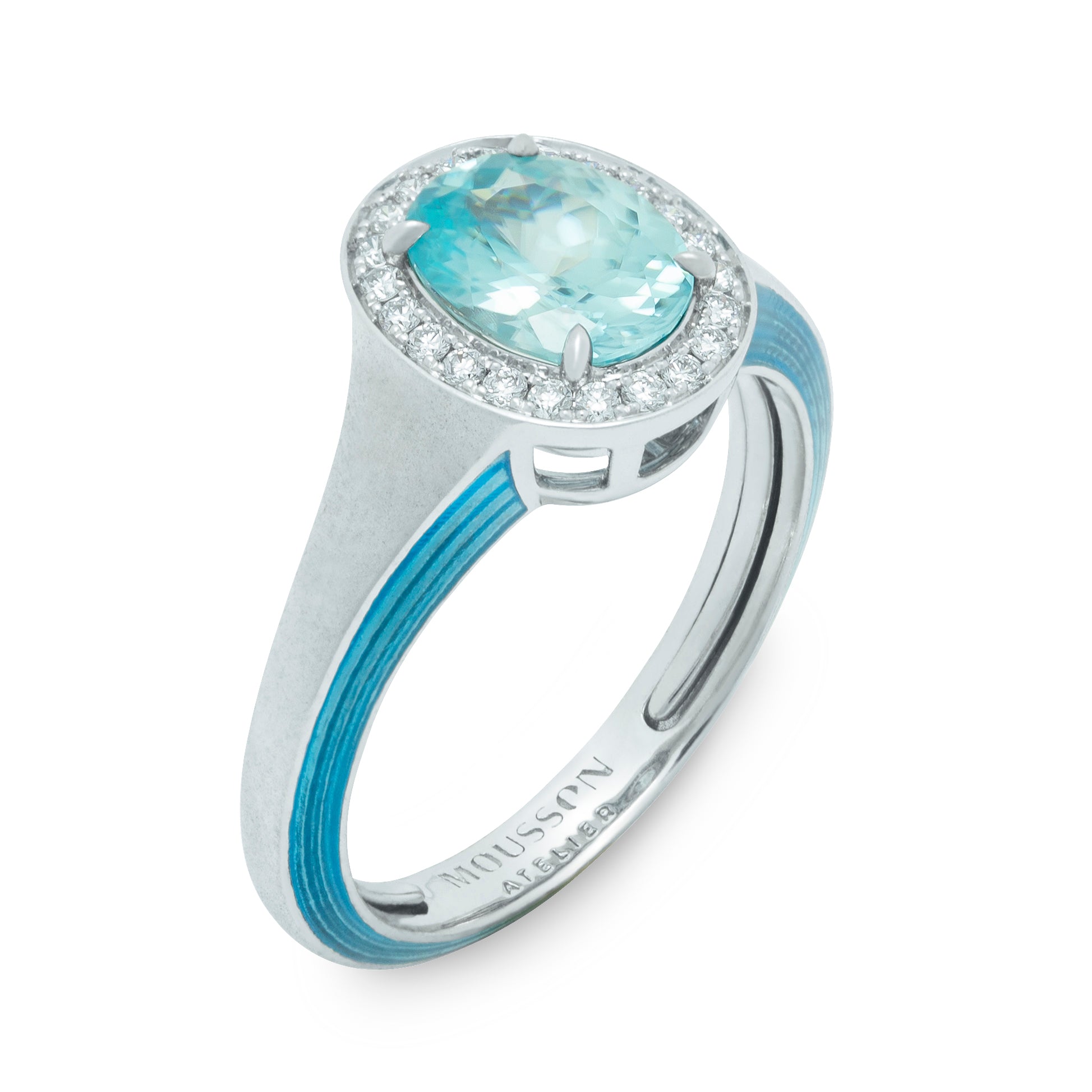 R 0143-0, 18K White Gold, Blue Zircon, Diamonds, Enamel Ring