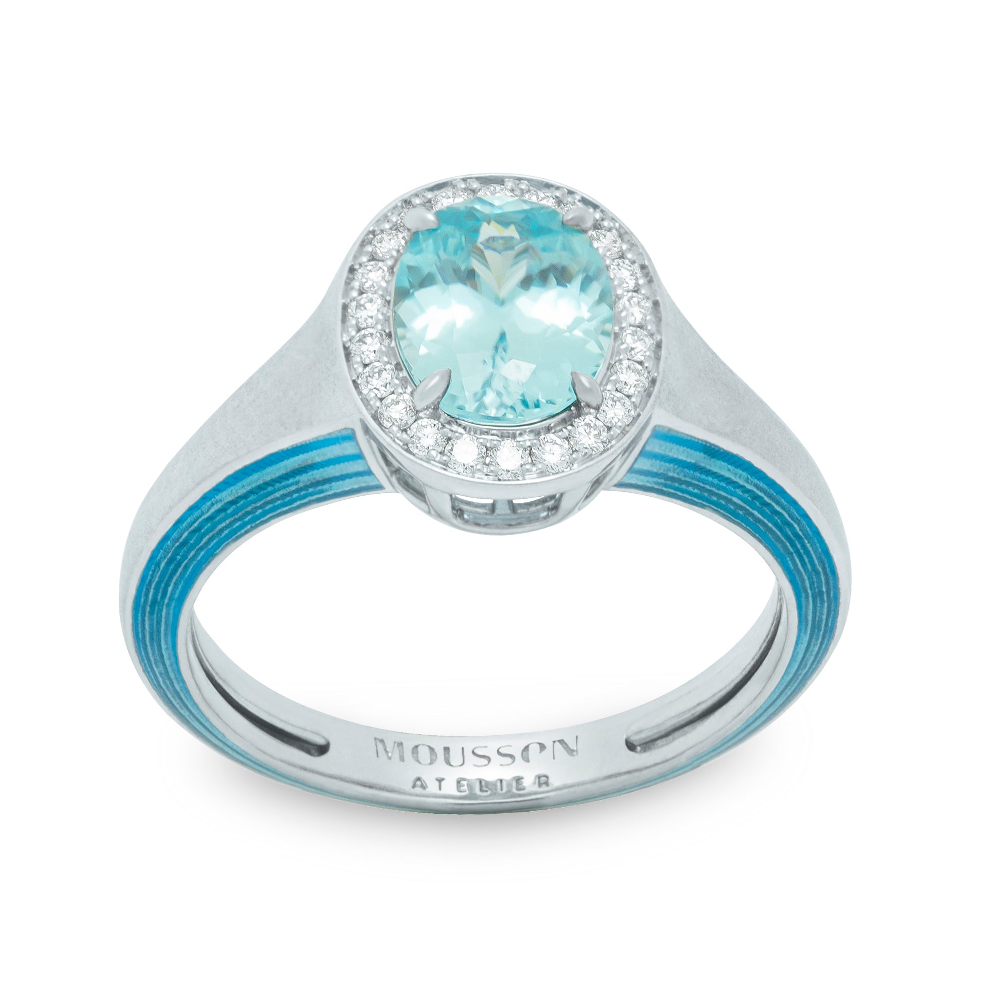 R 0143-0, 18K White Gold, Blue Zircon, Diamonds, Enamel Ring