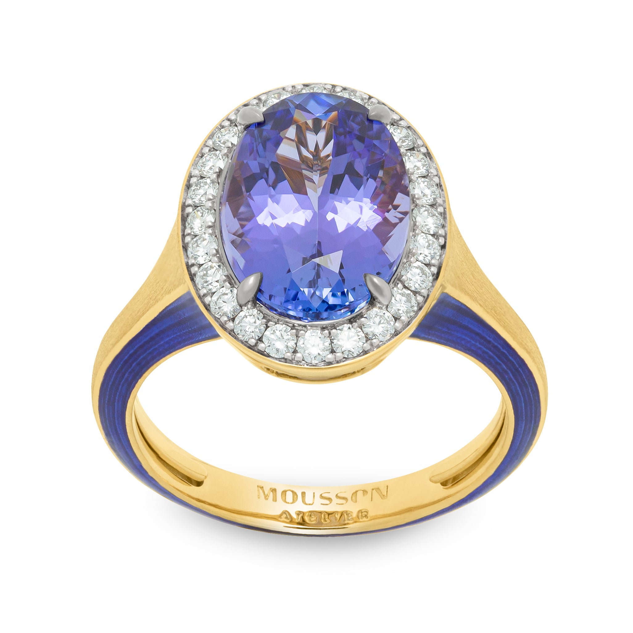 R 0143-01, 18K Yellow Gold, Tanzanite, Diamonds, Enamel Ring