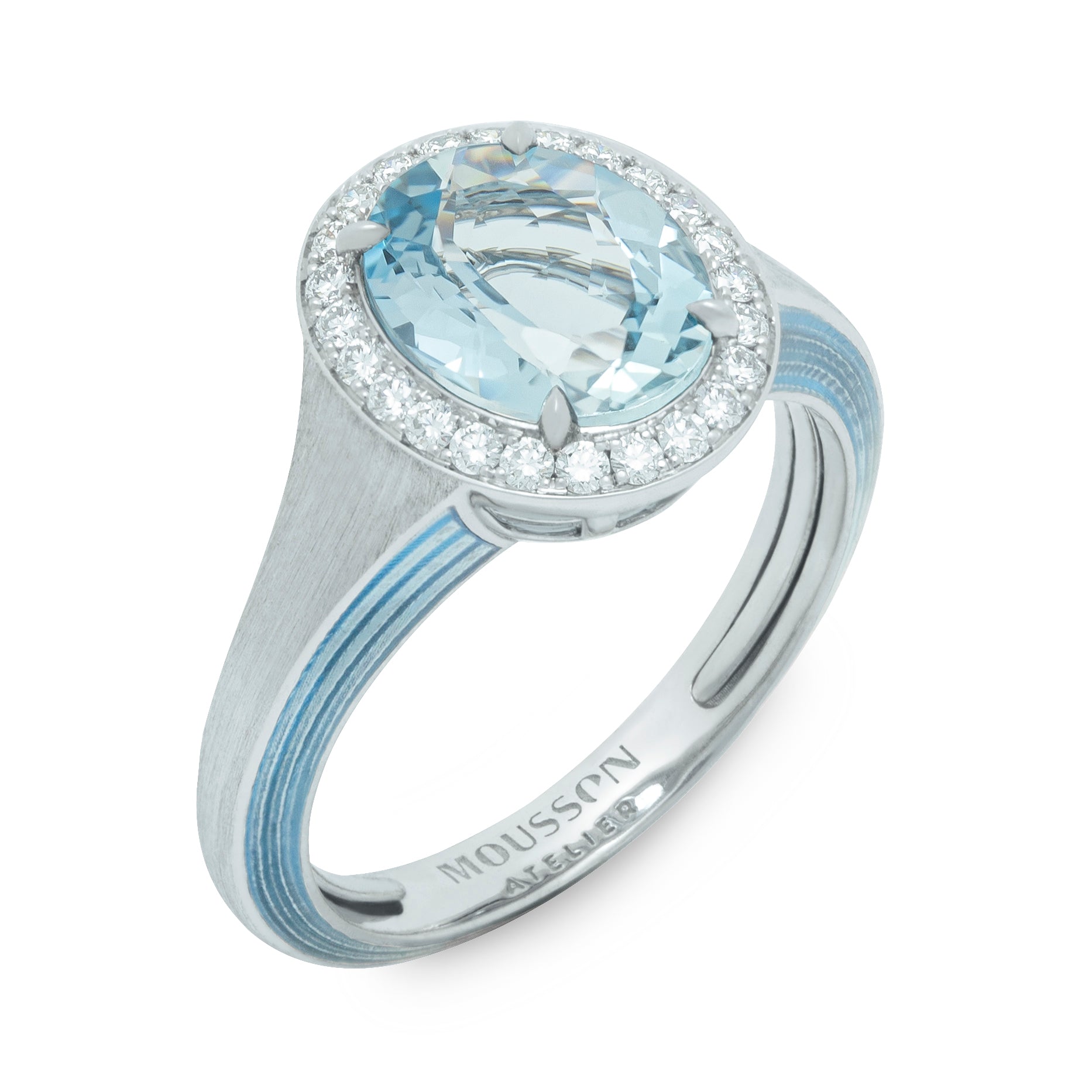 Aquamarine, Diamonds, Enamel 18K White Gold Ring, R 0143-02