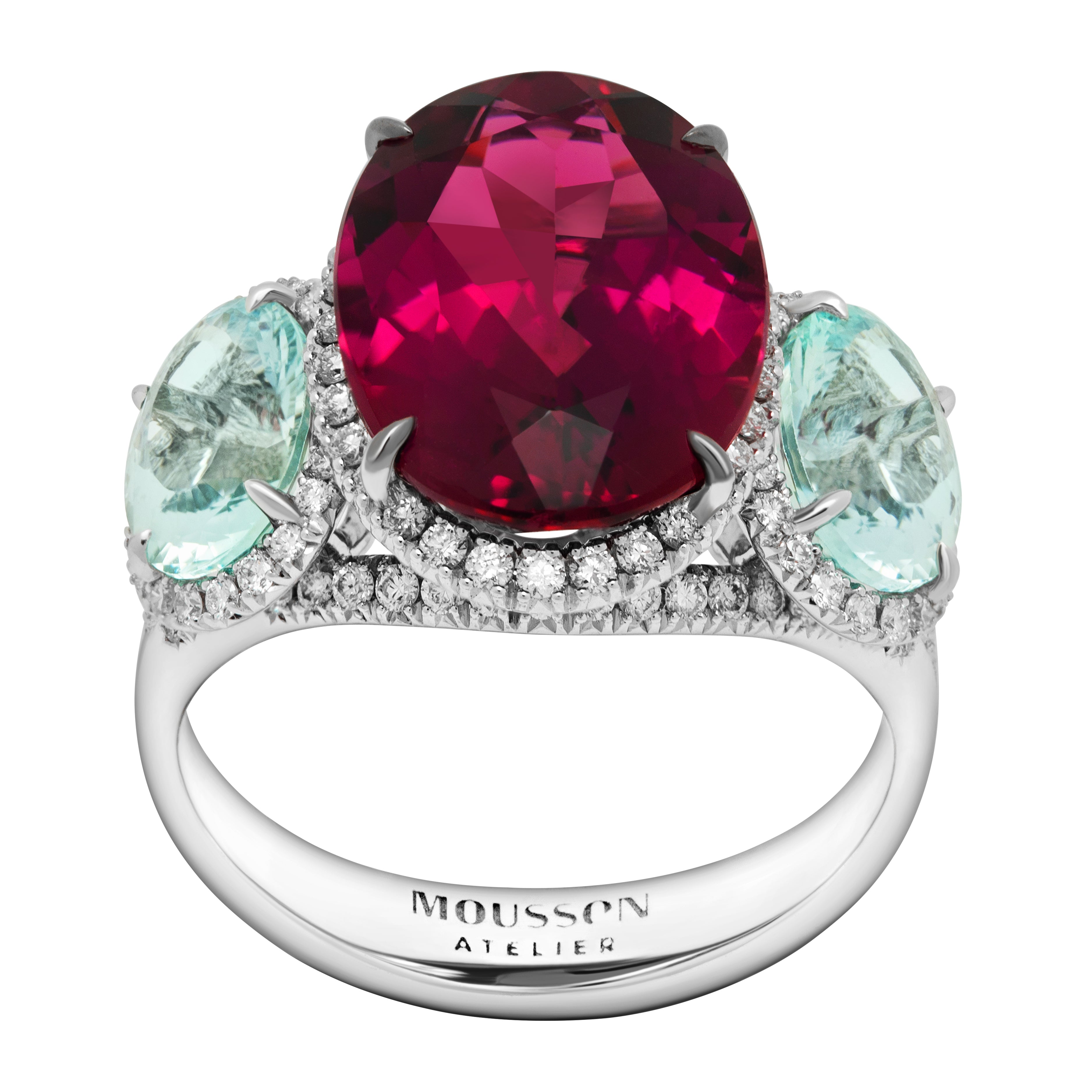 Rubellite, Aquamarine, Diamonds 18K White Gold, Ring R 0022-23