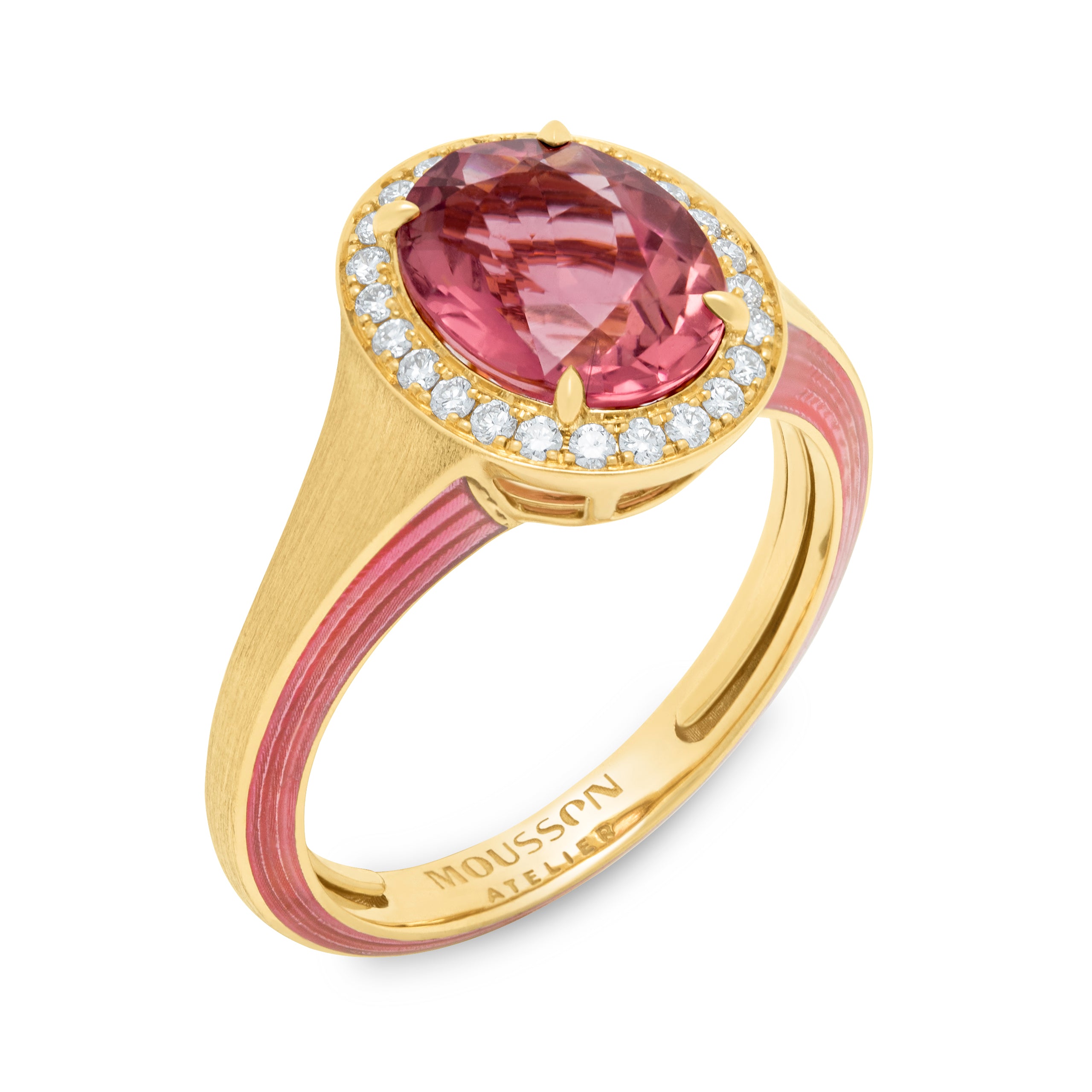 Pink Tourmaline, Diamonds, Enamel 18K Yellow Gold Ring, R 0143-02