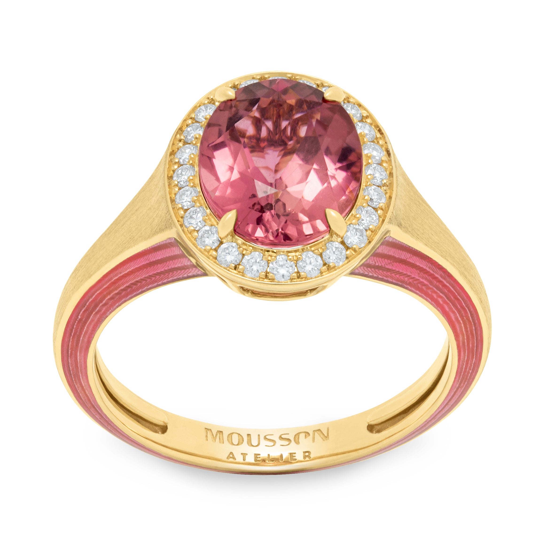 Pink Tourmaline, Diamonds, Enamel 18K Yellow Gold Ring, R 0143-02