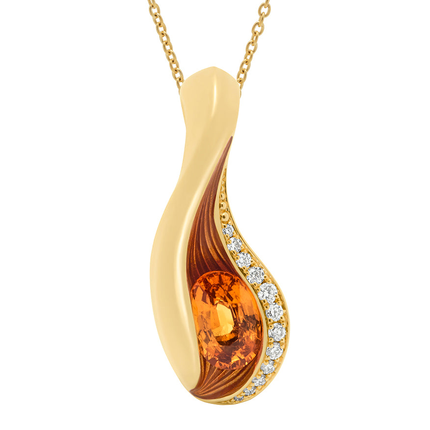Spessartine Garnet, Diamonds, Enamel 18K Yellow Gold Pendant, P 0123-6,