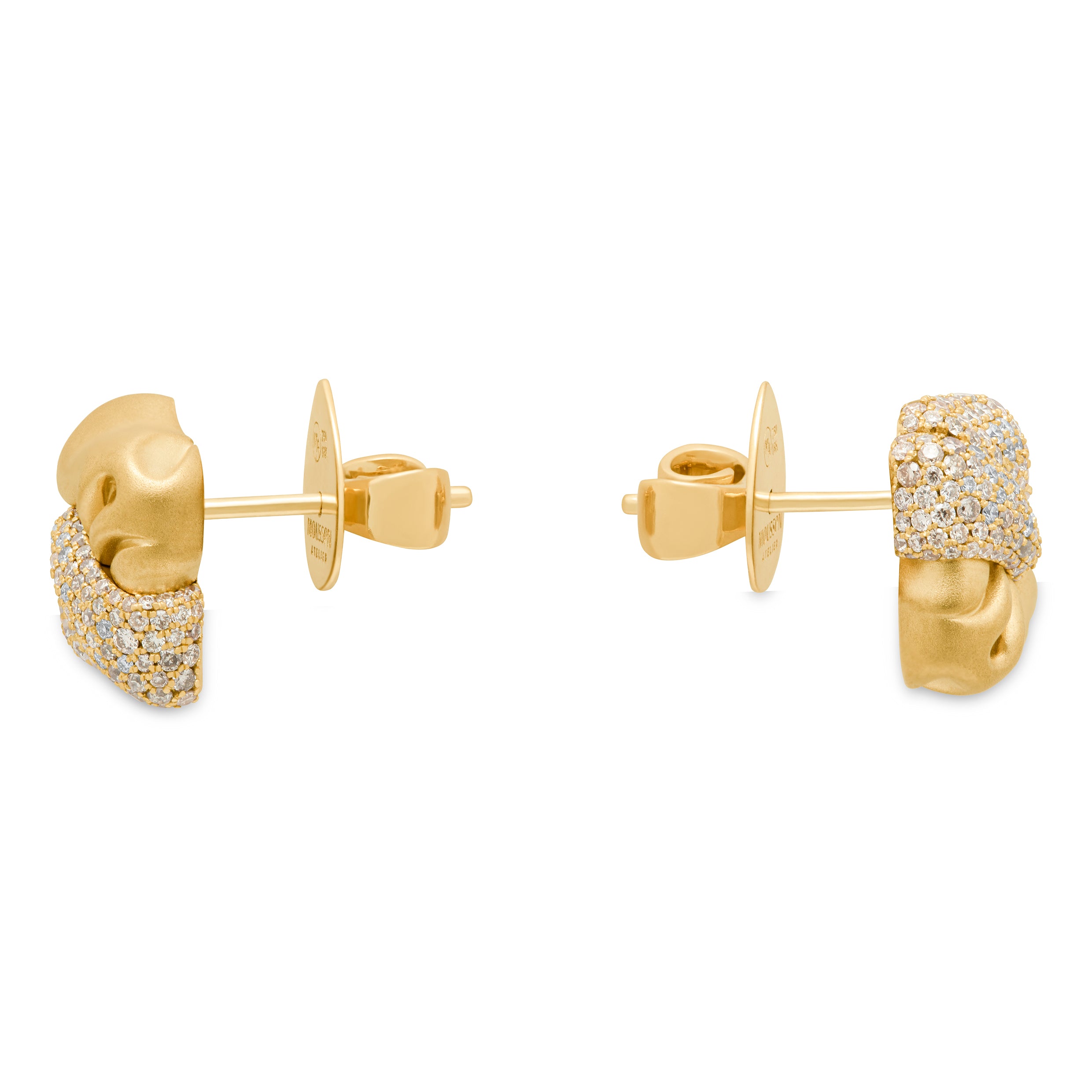 E 0132-4, 18K Yellow Gold, White and Champagne Diamonds Stud Earrings