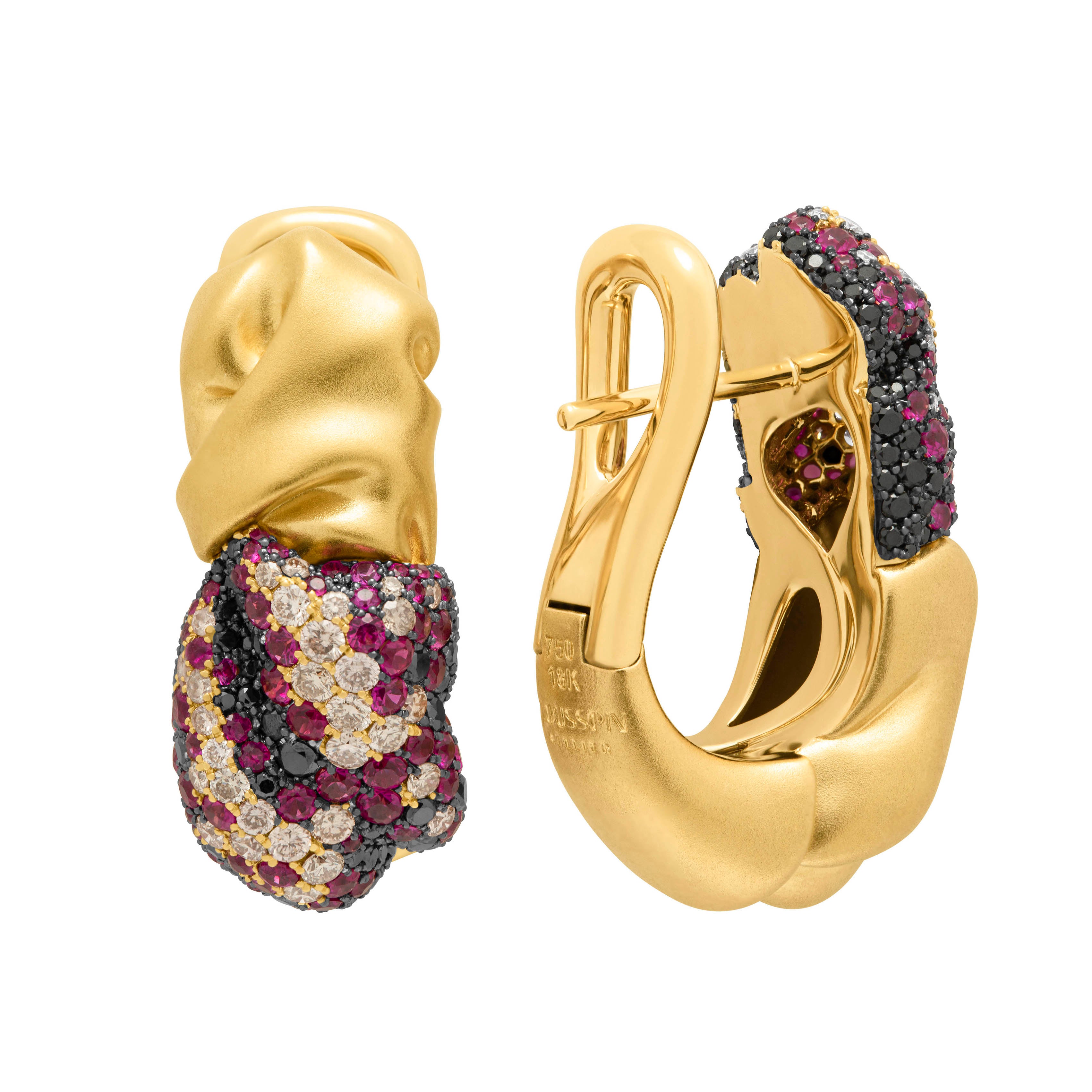 Ruby, Champagne and Black Diamonds 18K Yellow Gold Earrings, E 0132-5