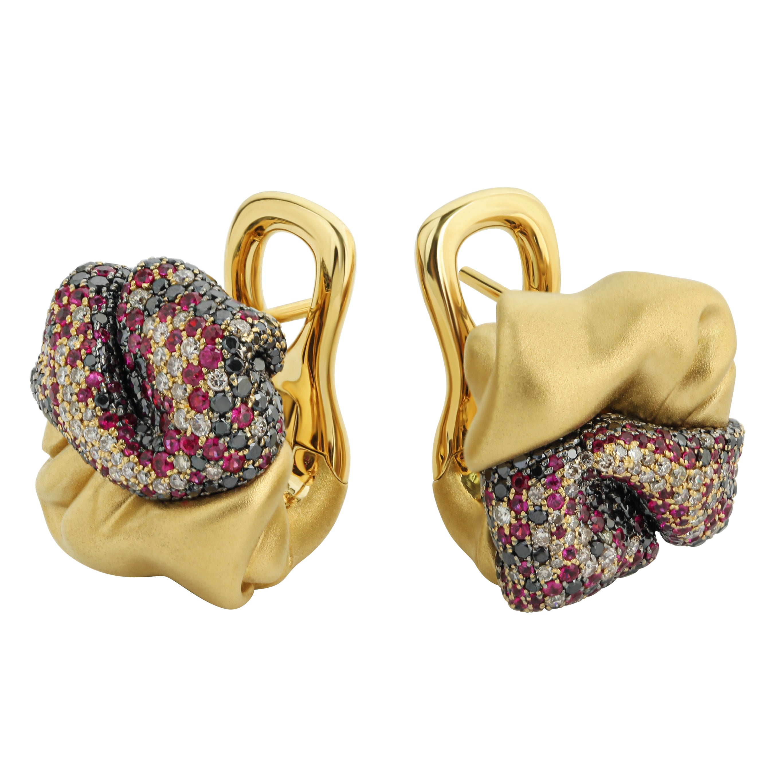 Ruby, Champagne and Black Diamonds 18K Yellow Gold Earrings, E 0132-0