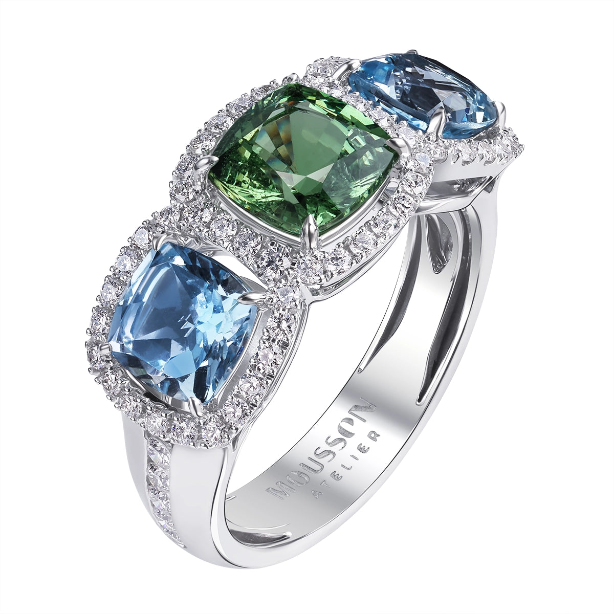 Aquamarine, Tsavorite, Diamonds 18K White Gold Ring, R 0022-01