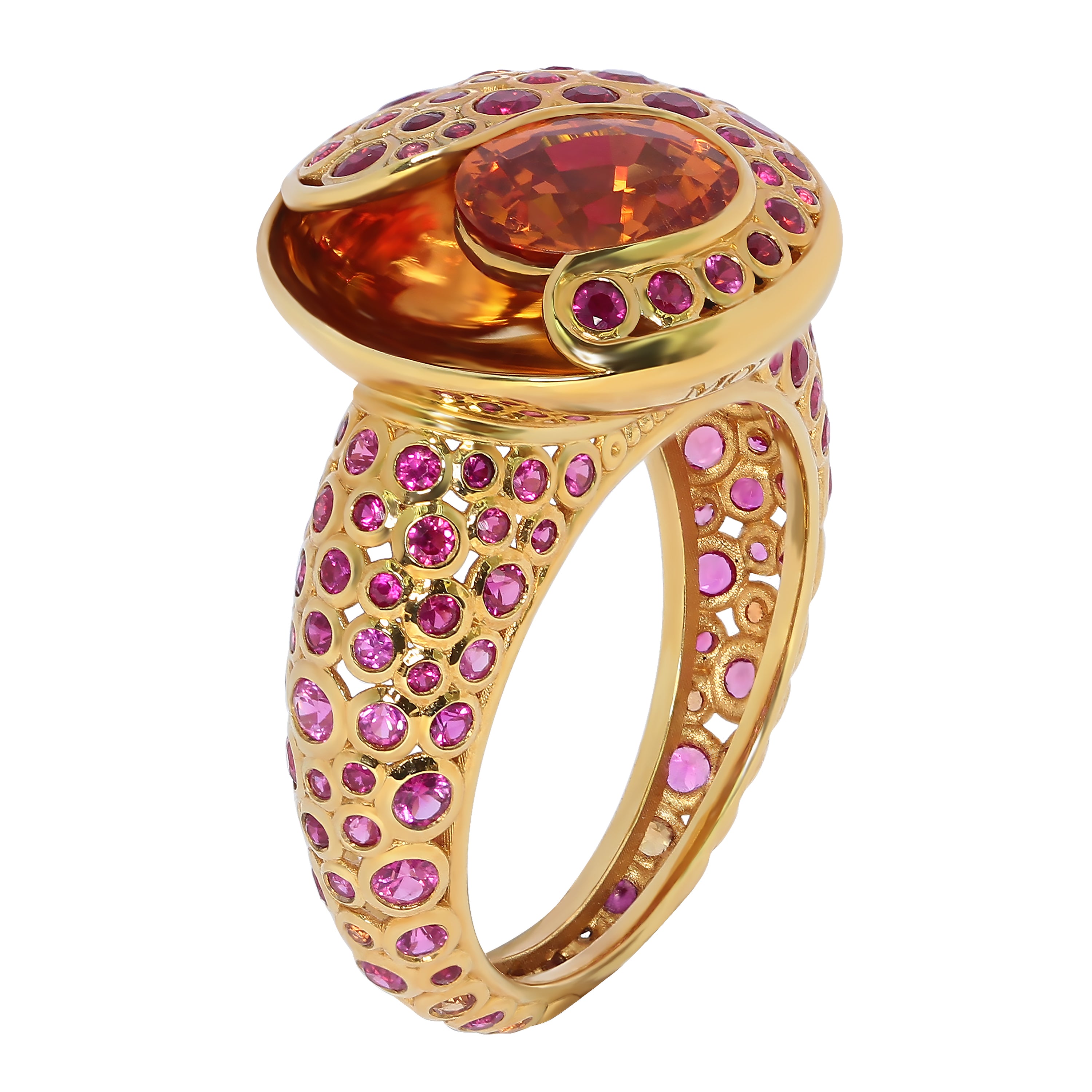 R 0023-4 18K Yellow Gold, Spessartine Garnet, Ruby, Pink and Orange Sapphire Ring