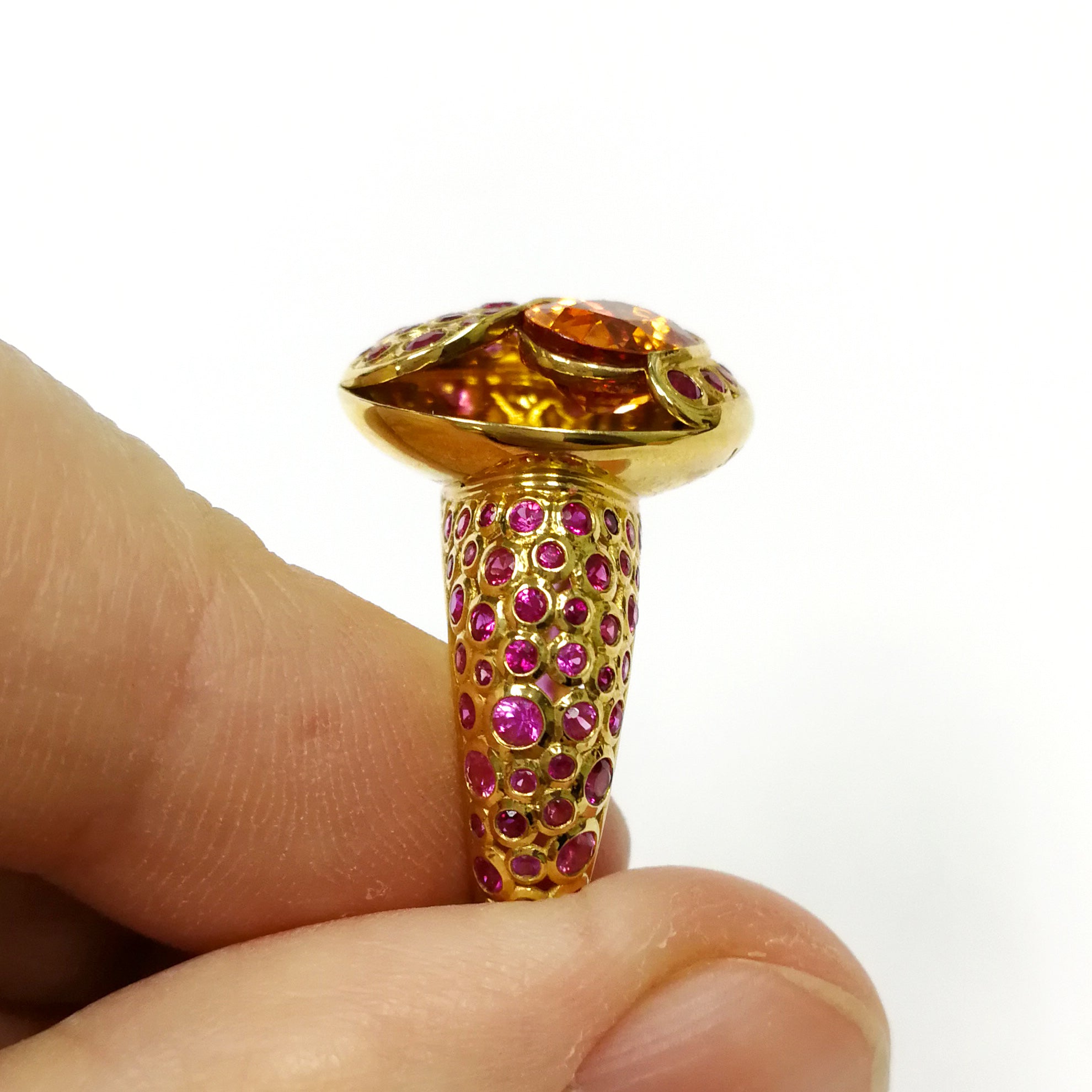 Spessartine Garnet, Ruby, Pink and Orange Sapphire 18K Yellow Gold, Ring R 0023-4
