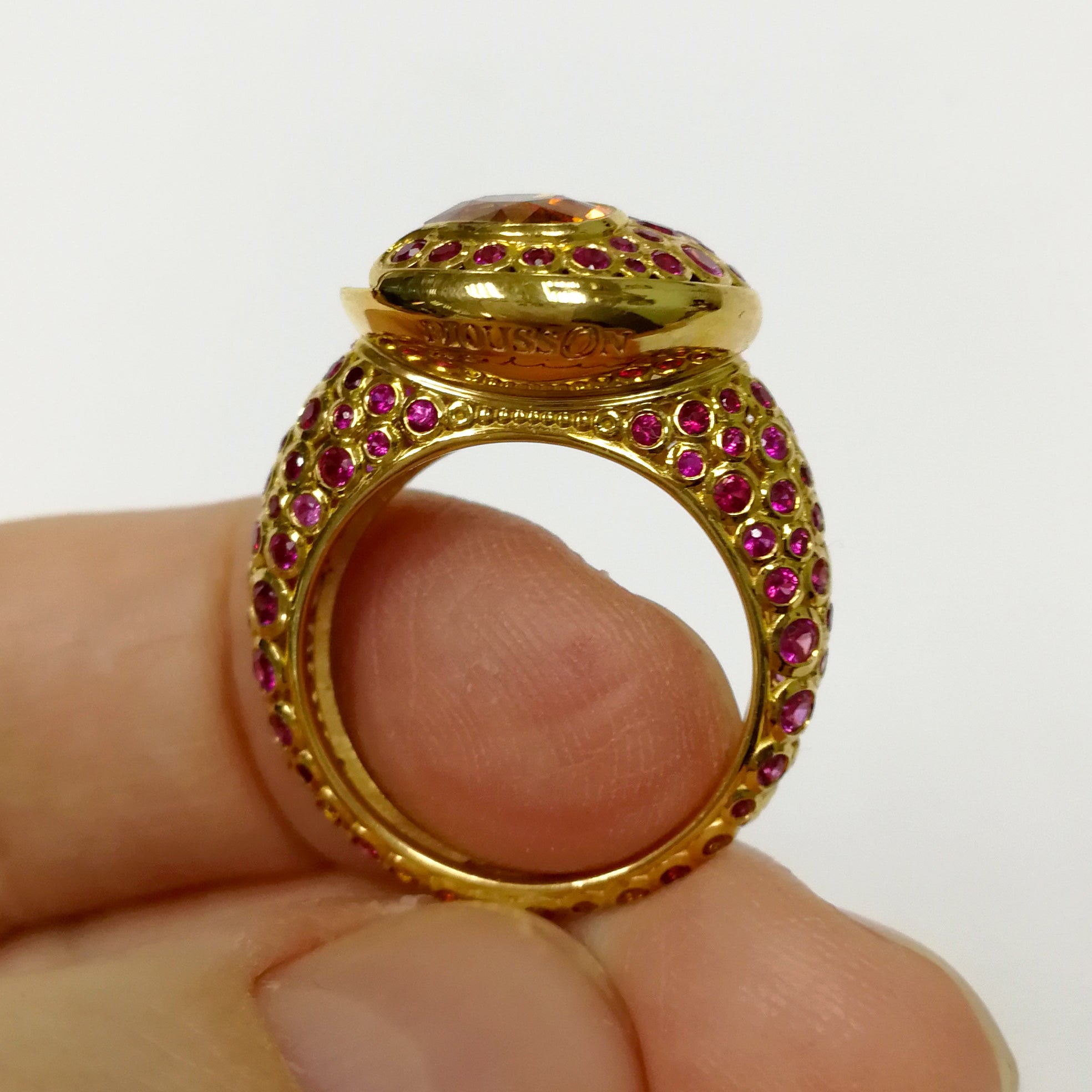 Spessartine Garnet, Ruby, Pink and Orange Sapphire 18K Yellow Gold, Ring R 0023-4