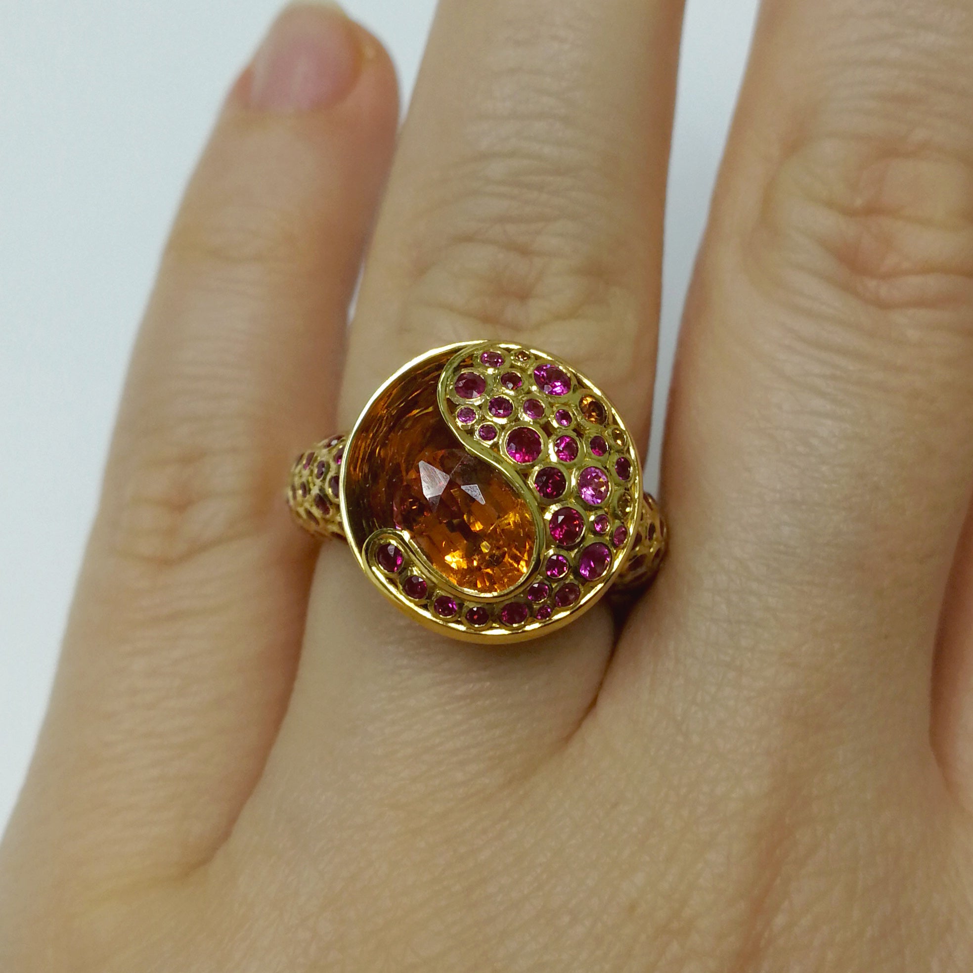 Spessartine Garnet, Ruby, Pink and Orange Sapphire 18K Yellow Gold, Ring R 0023-4