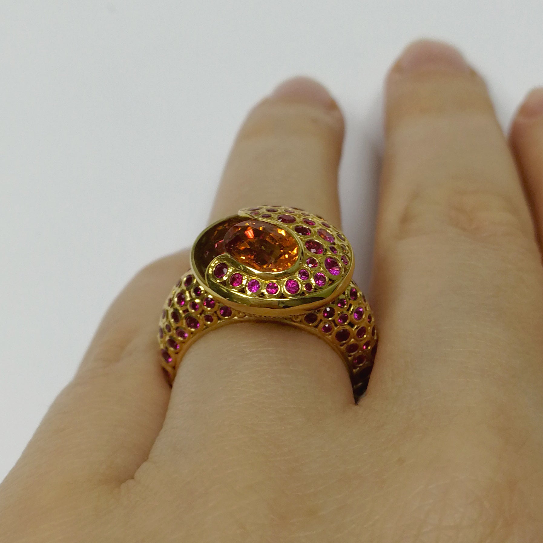 Spessartine Garnet, Ruby, Pink and Orange Sapphire 18K Yellow Gold, Ring R 0023-4