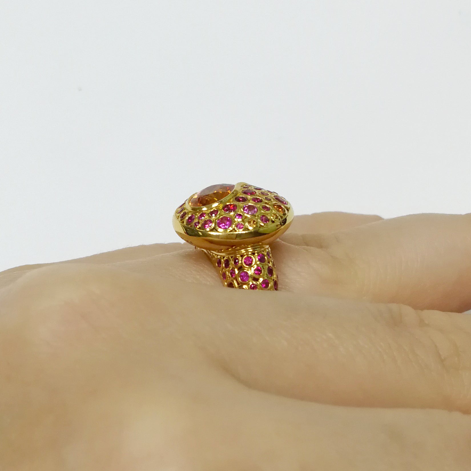 Spessartine Garnet, Ruby, Pink and Orange Sapphire 18K Yellow Gold, Ring R 0023-4