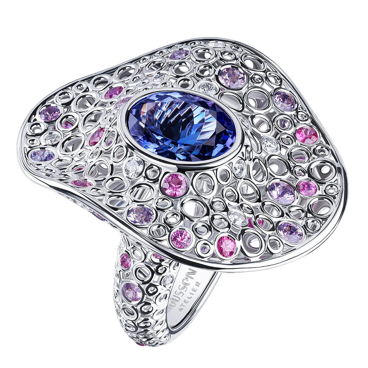 Tanzanite, Diamonds, Purple Pink Sapphires 18K White Gold Ring, R 0023-60