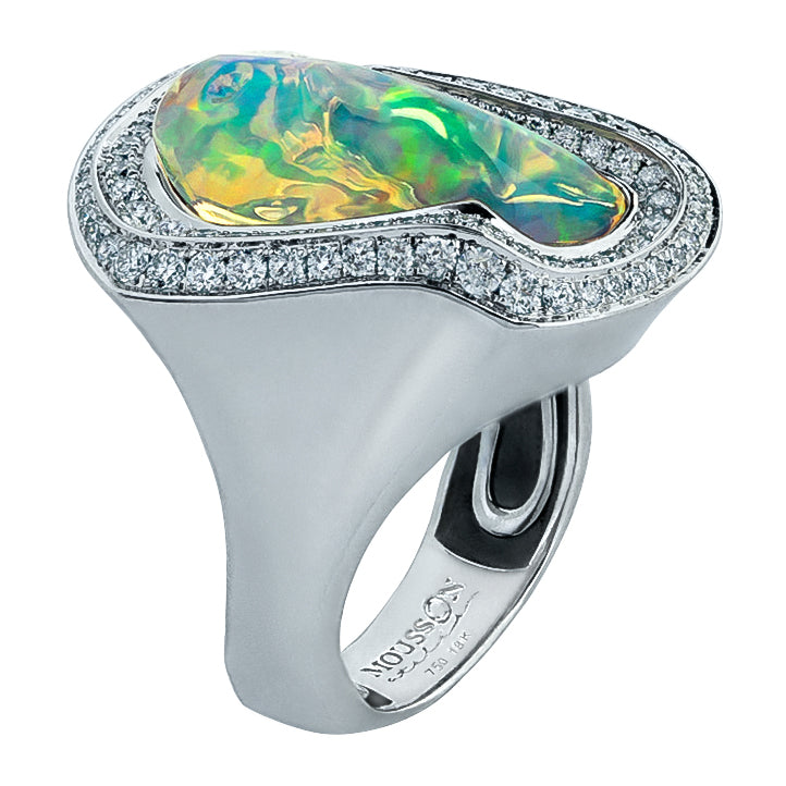 Mexican Fire Opal, Diamonds 18K White Gold Ring, R 0029-13