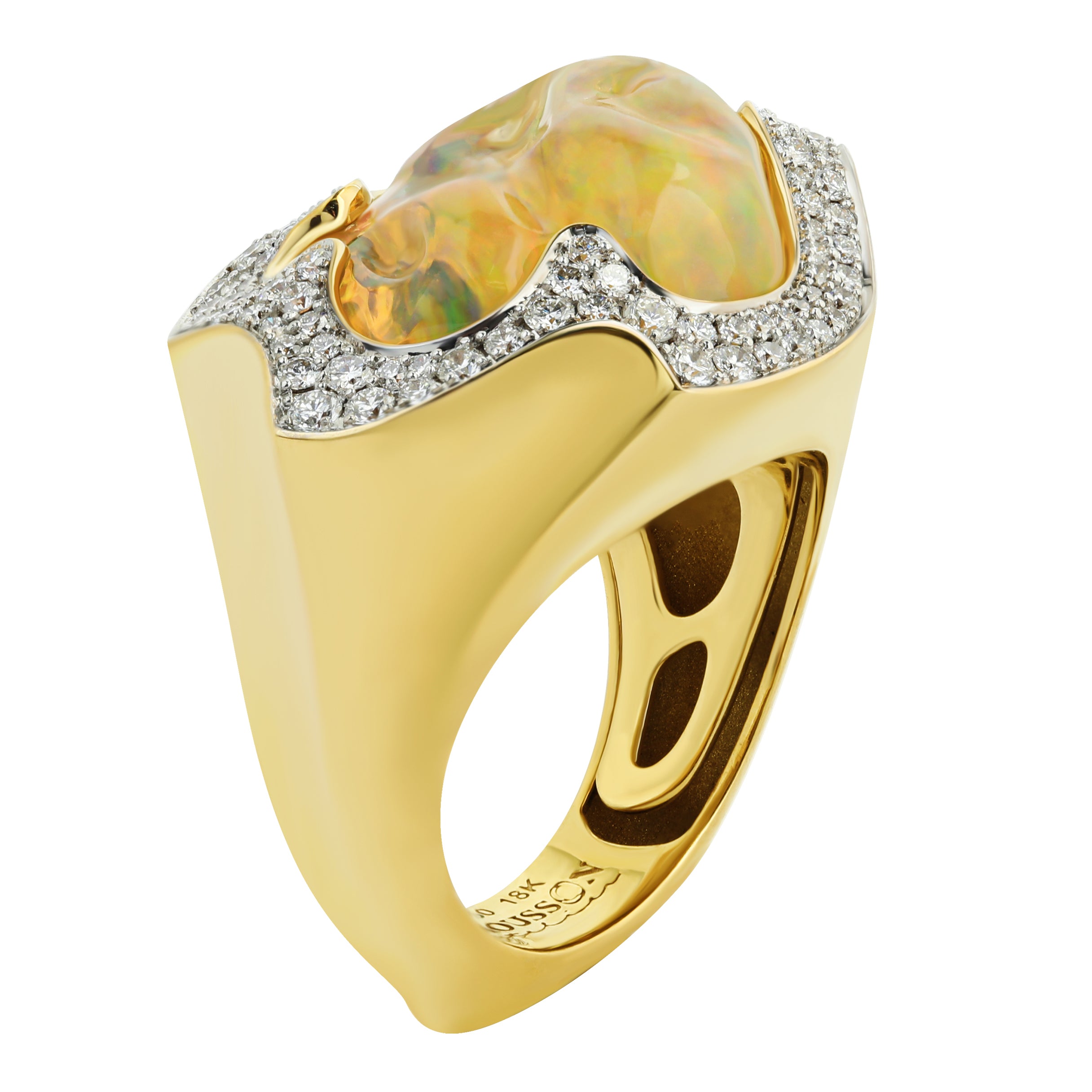 Mexican Fire Opal, Diamonds Ring 18K Yellow Gold, R 0029-16/1