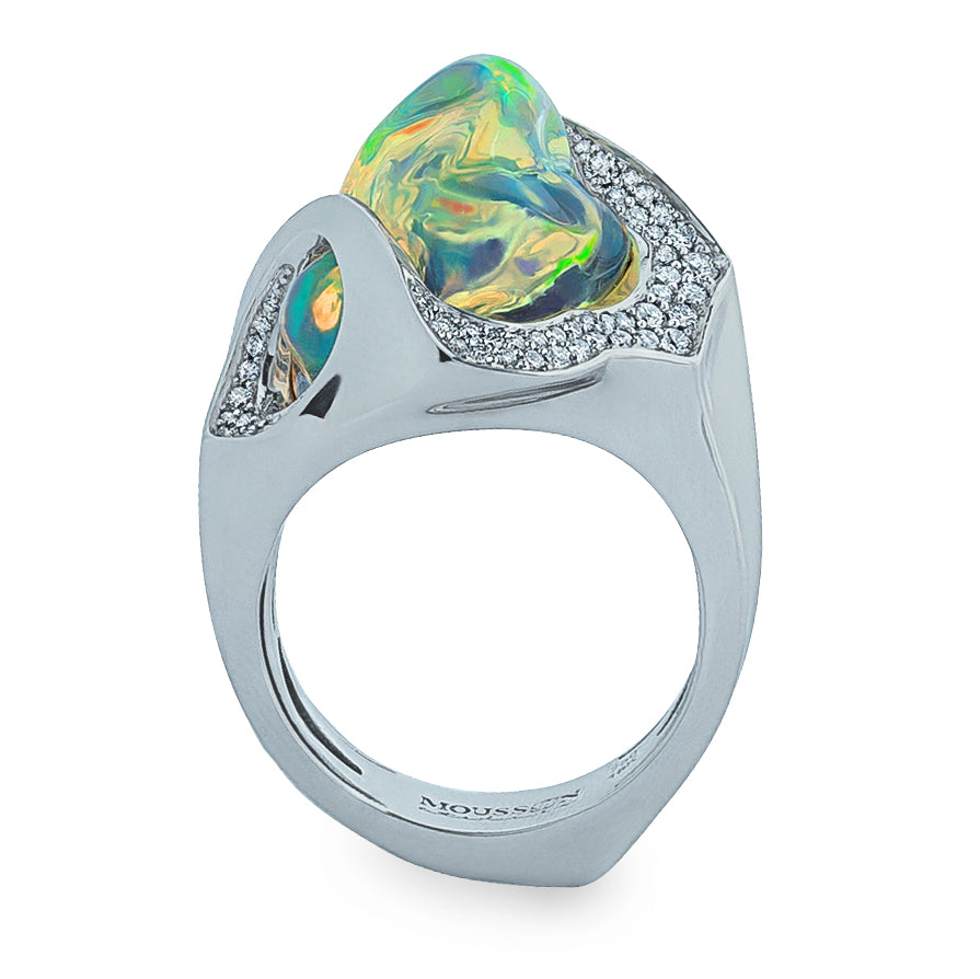 R 0029-17/1 18K White Gold, Mexican Fire Opal, Diamonds Ring