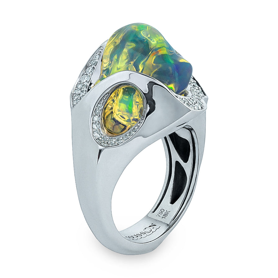 Mexican Fire Opal, Diamonds 18K White Gold Ring, R 0029-17/1