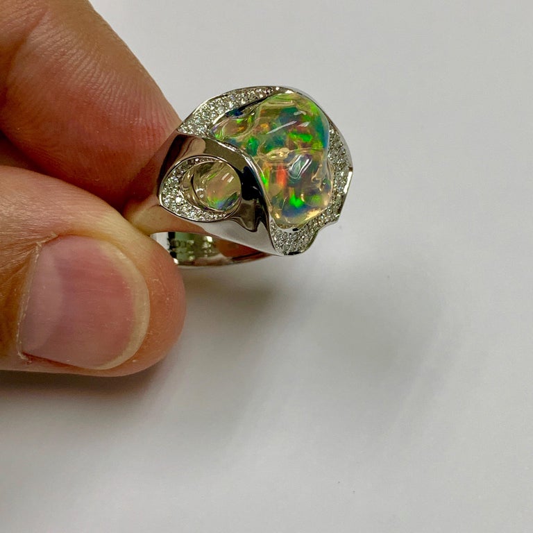 Mexican Fire Opal, Diamonds 18K White Gold Ring, R 0029-17/1