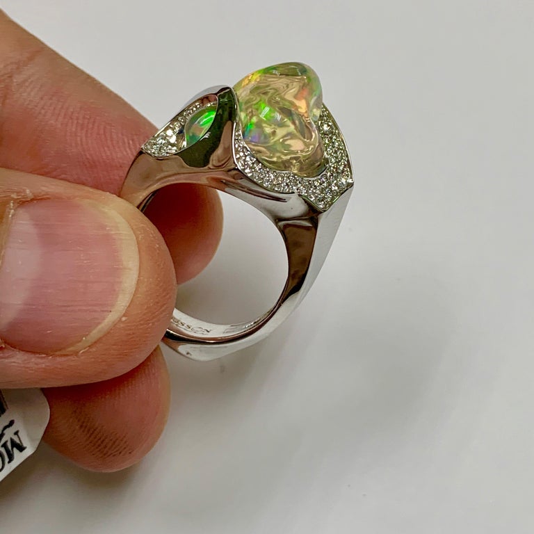 Mexican Fire Opal, Diamonds 18K White Gold Ring, R 0029-17/1