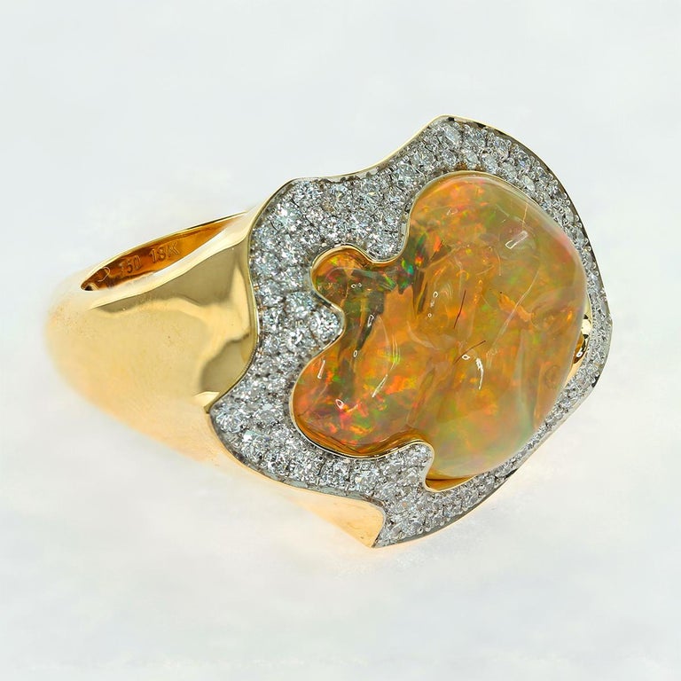 Mexican Fire Opal, Diamonds Ring 18K Yellow Gold, R 0029-16/1