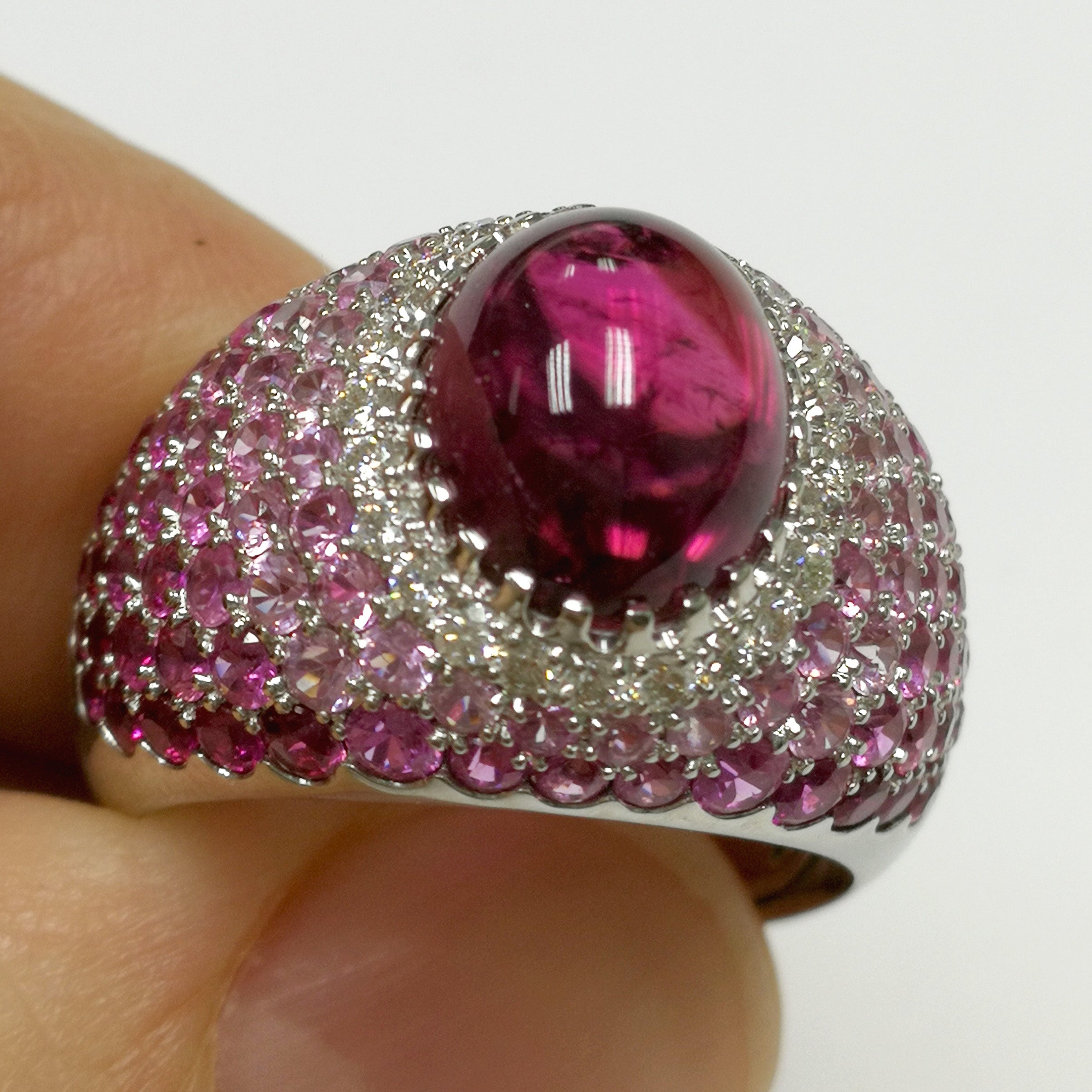 Rubellite, Diamonds, Ruby, Pink Sapphires 18K White Gold Ring, R 0072-0