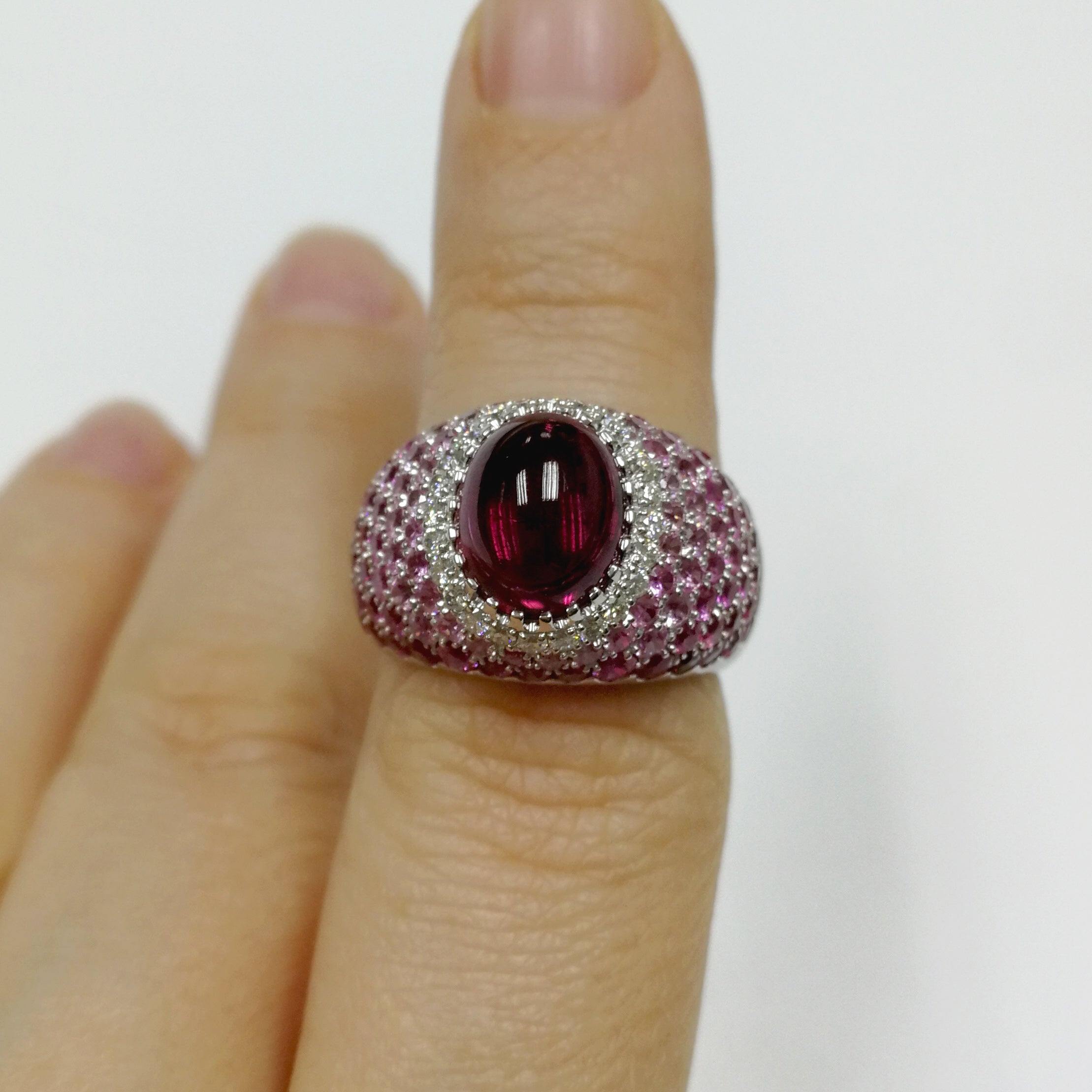 Rubellite, Diamonds, Ruby, Pink Sapphires 18K White Gold Ring, R 0072-0