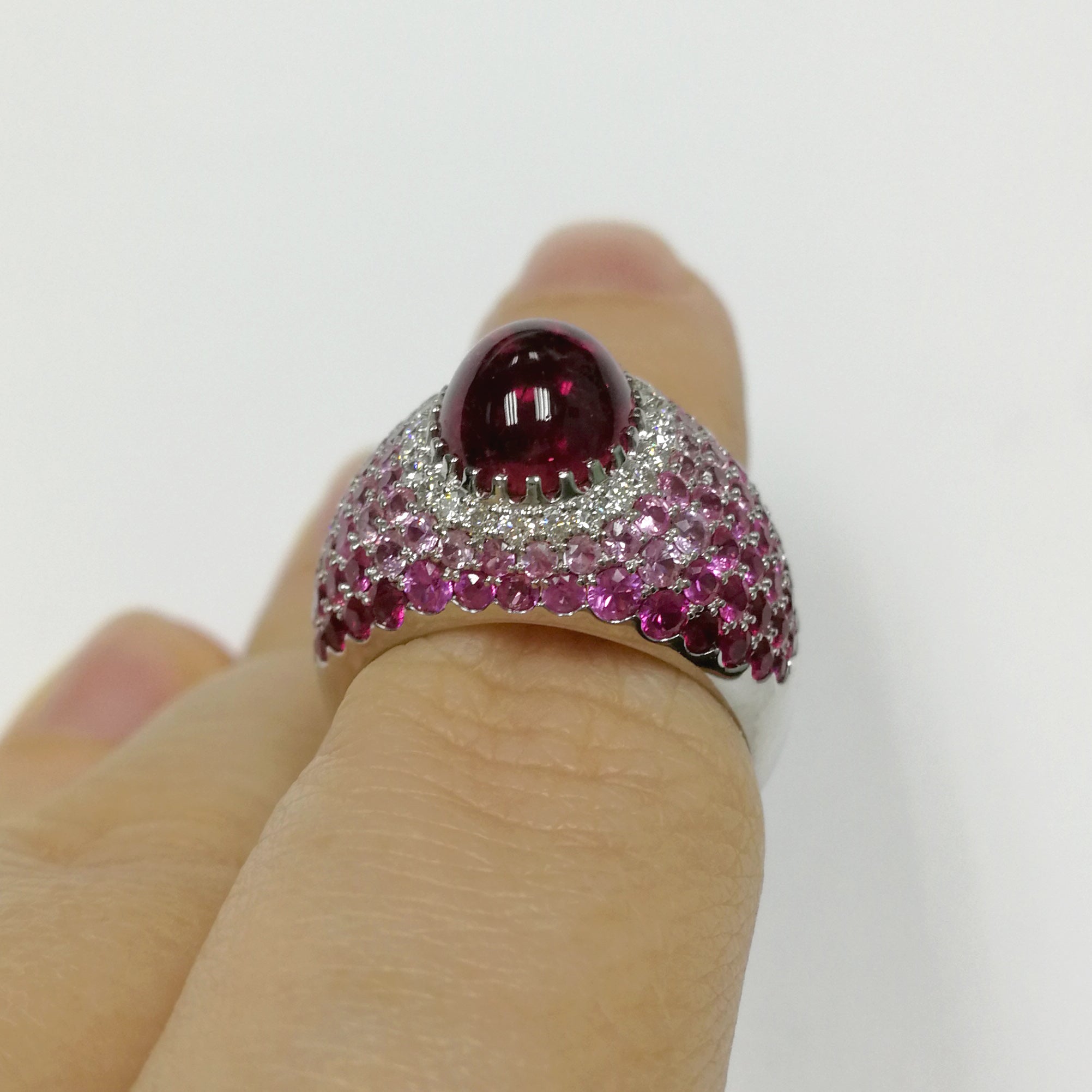 Rubellite, Diamonds, Ruby, Pink Sapphires 18K White Gold Ring, R 0072-0