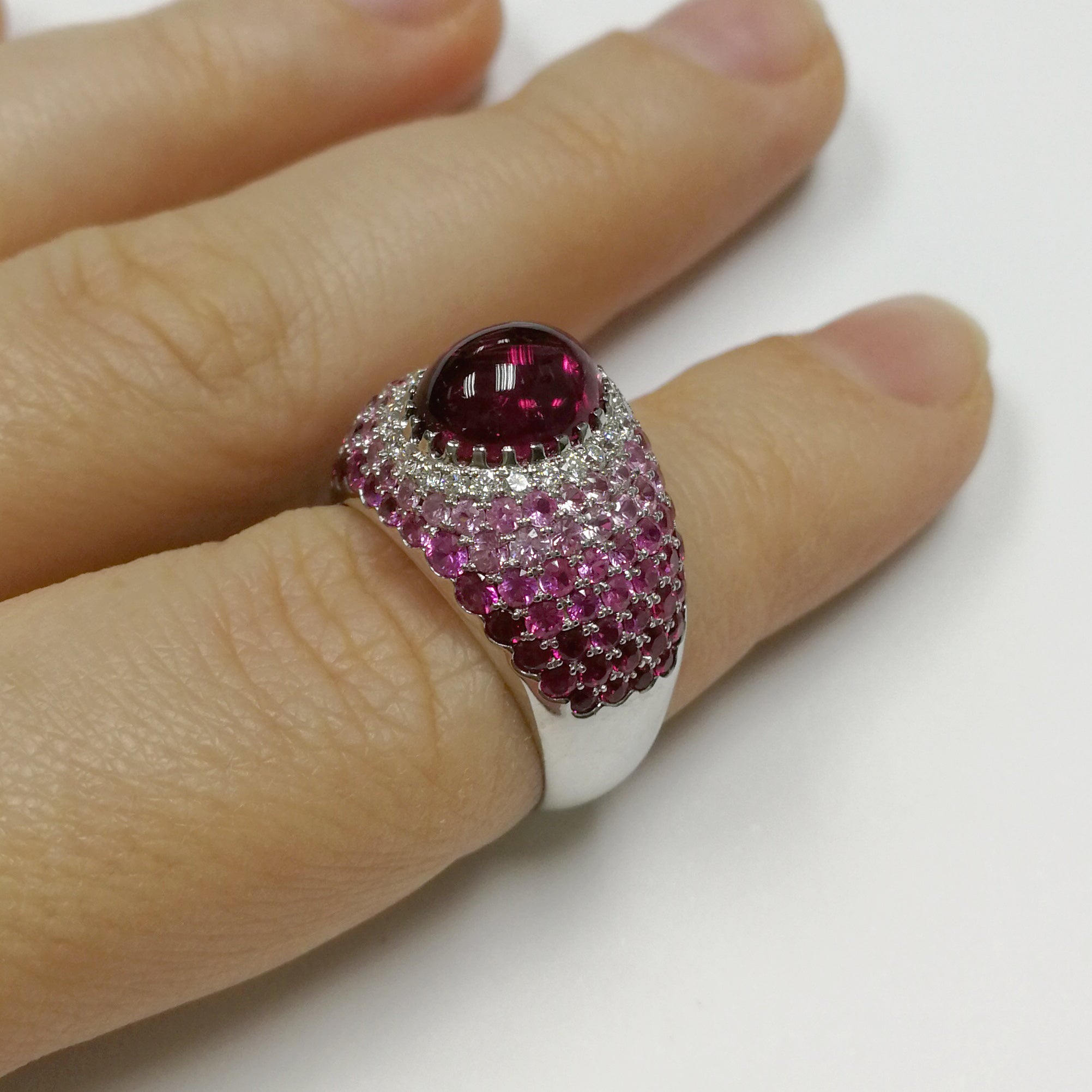 Rubellite, Diamonds, Ruby, Pink Sapphires 18K White Gold Ring, R 0072-0