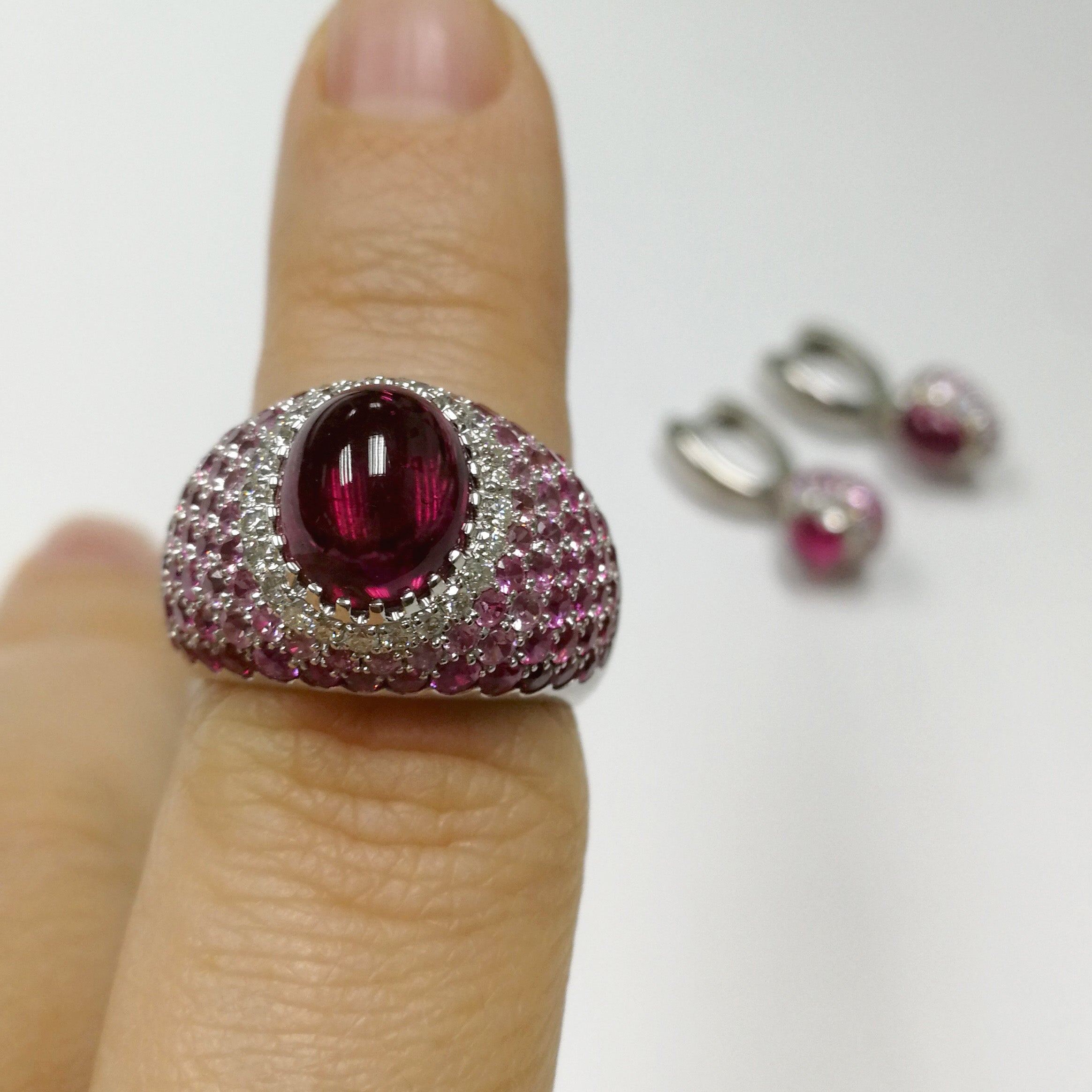 Rubellite, Diamonds, Ruby, Pink Sapphires 18K White Gold Ring, R 0072-0