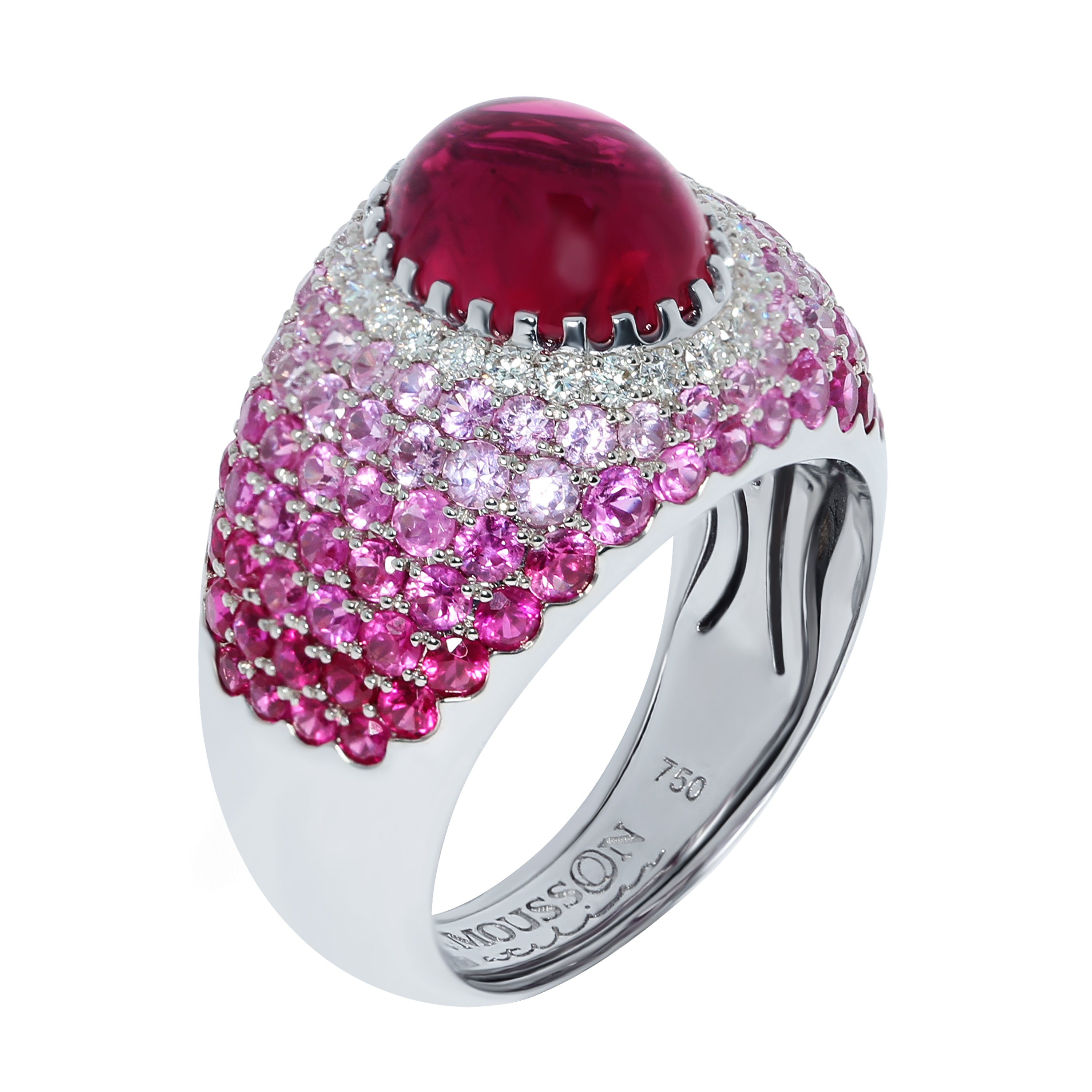 Rubellite, Diamonds, Ruby, Pink Sapphires 18K White Gold Ring, R 0072-0