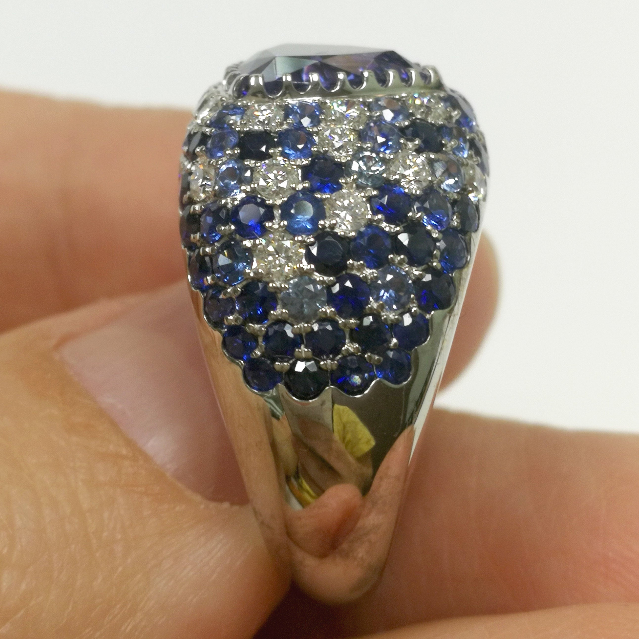 Tanzanite, Diamonds, Sapphires 18K White Gold Ring, R 0073-0