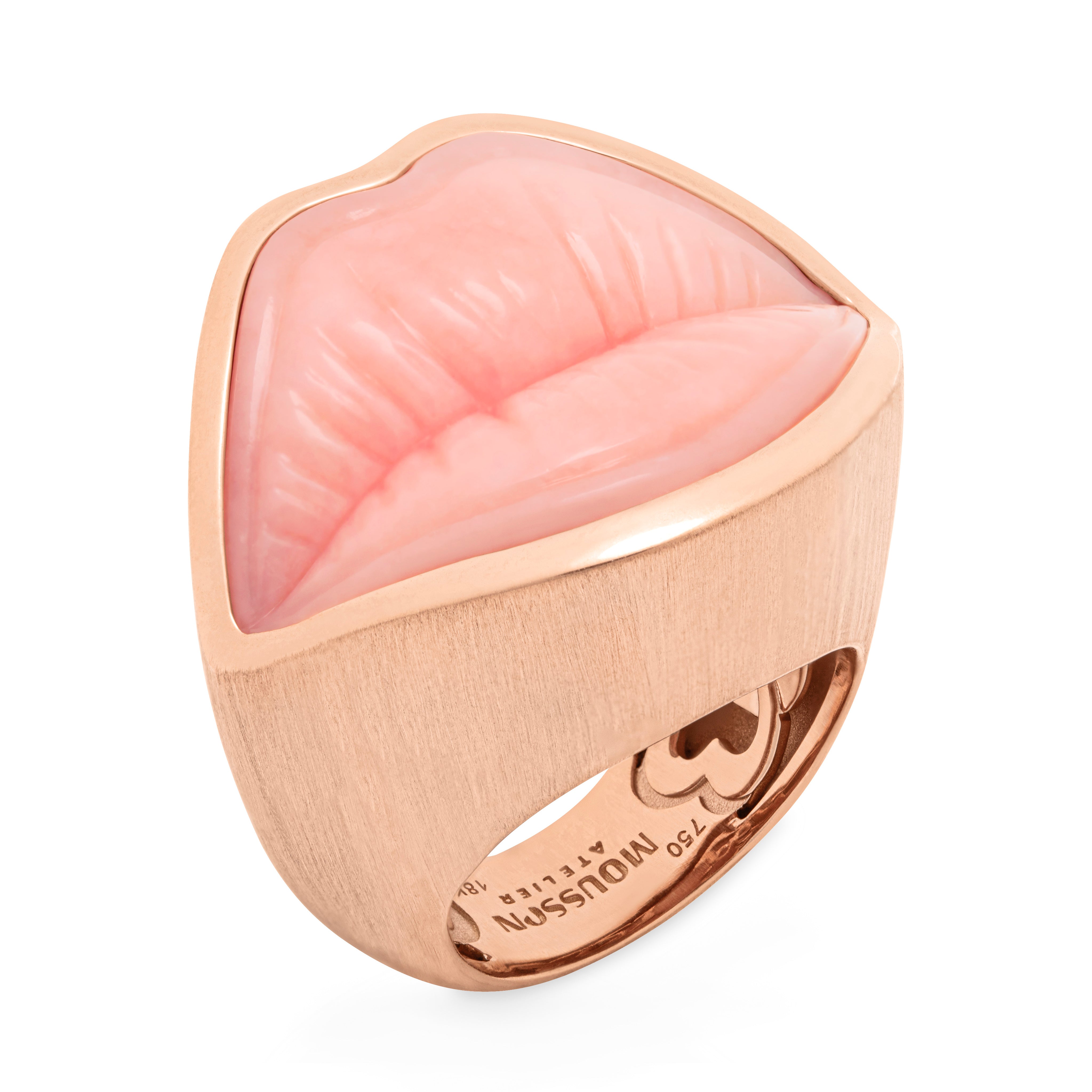 Carved Pink Opal, Diamonds 18K Rose Gold Ring, R 0077-1