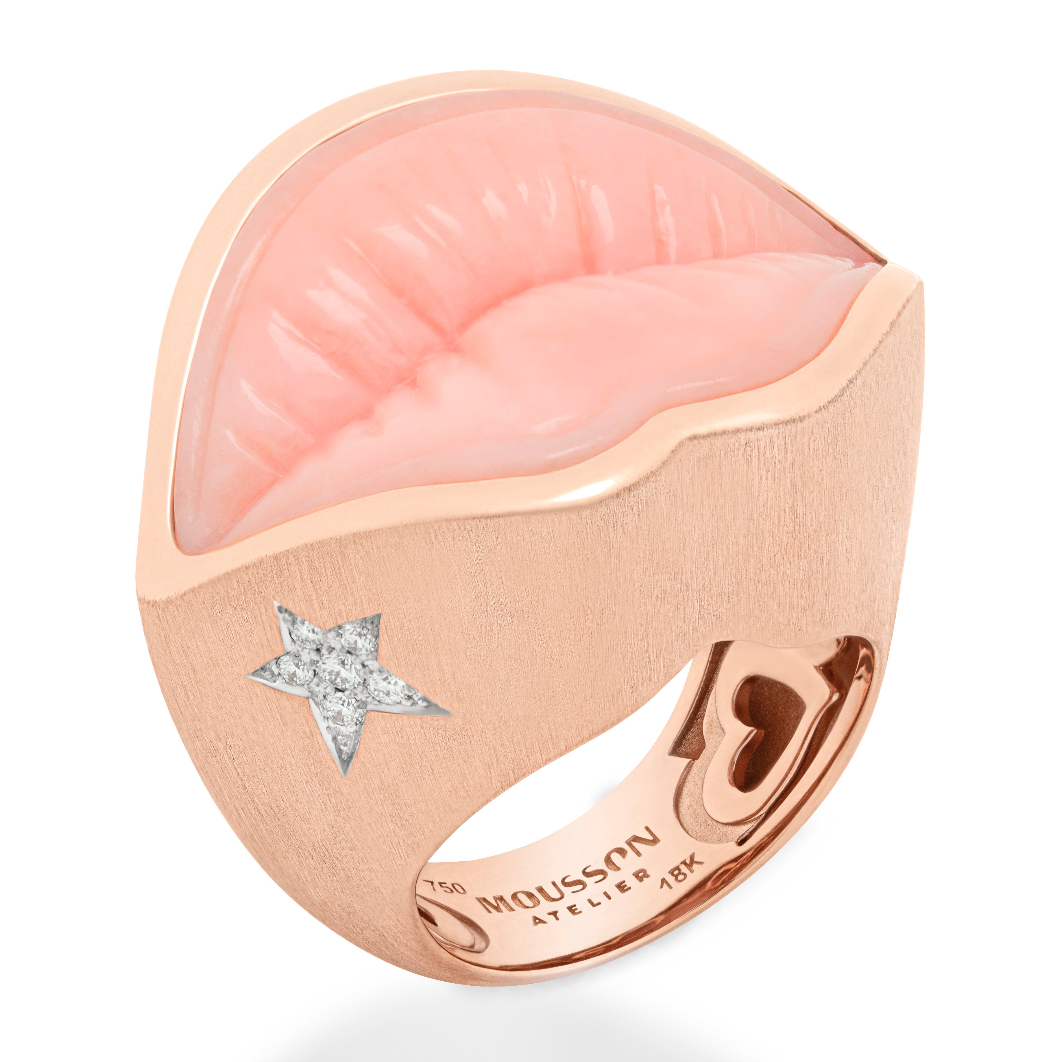 Carved Pink Opal, Diamonds 18K Rose Gold Ring, R 0077-1