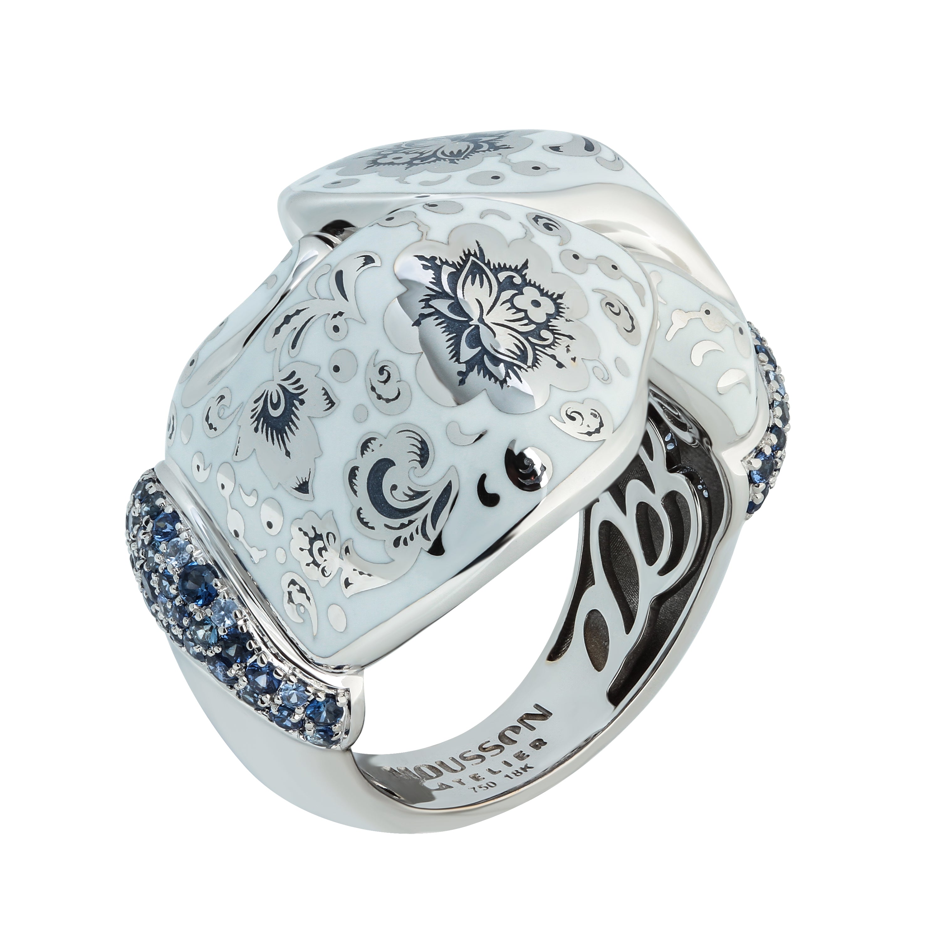 R 0096-1 18K White Gold, Enamel, Sapphire Ring