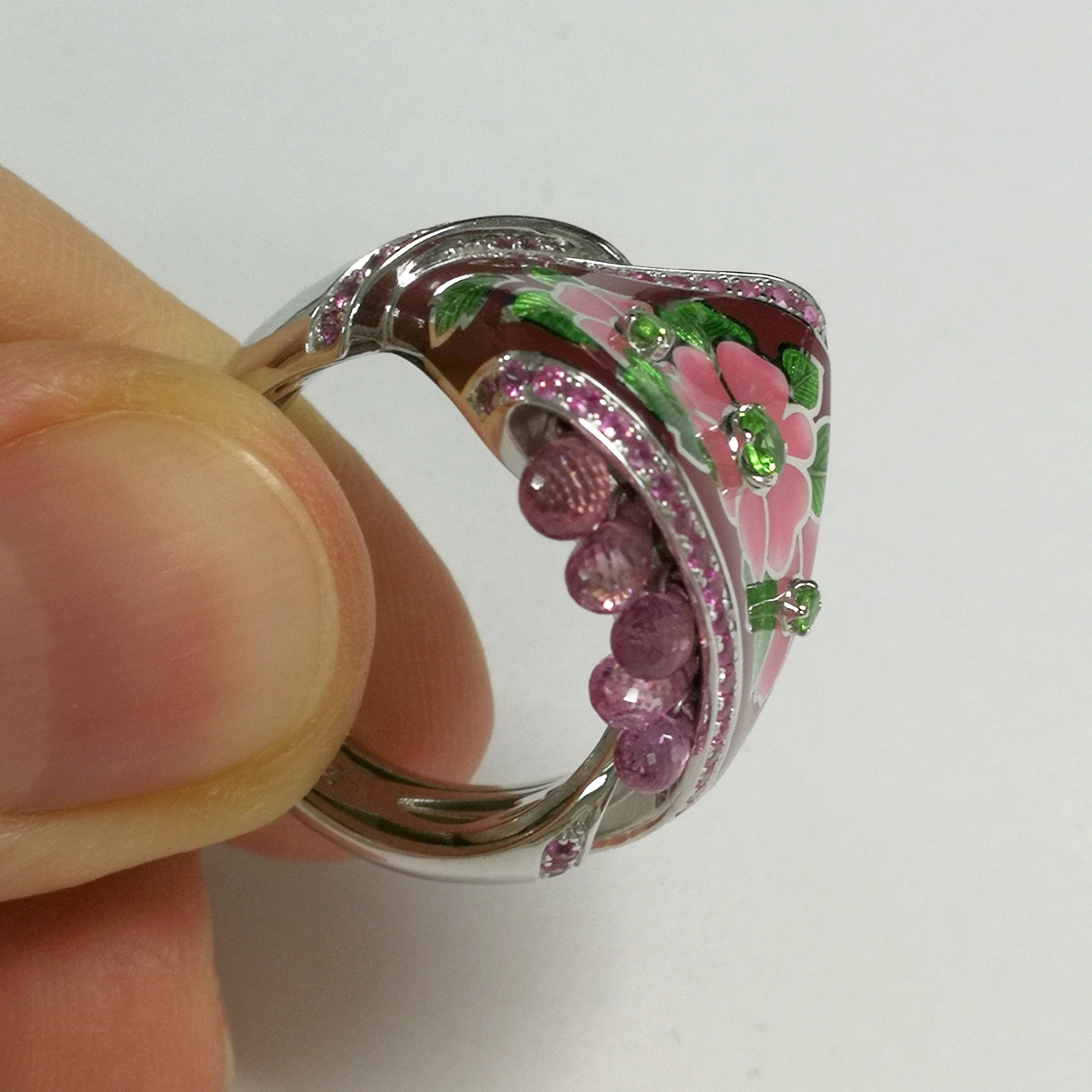 R 0097-0 18K White Gold, Enamel, Tsavorite, Pink Sapphire Ring