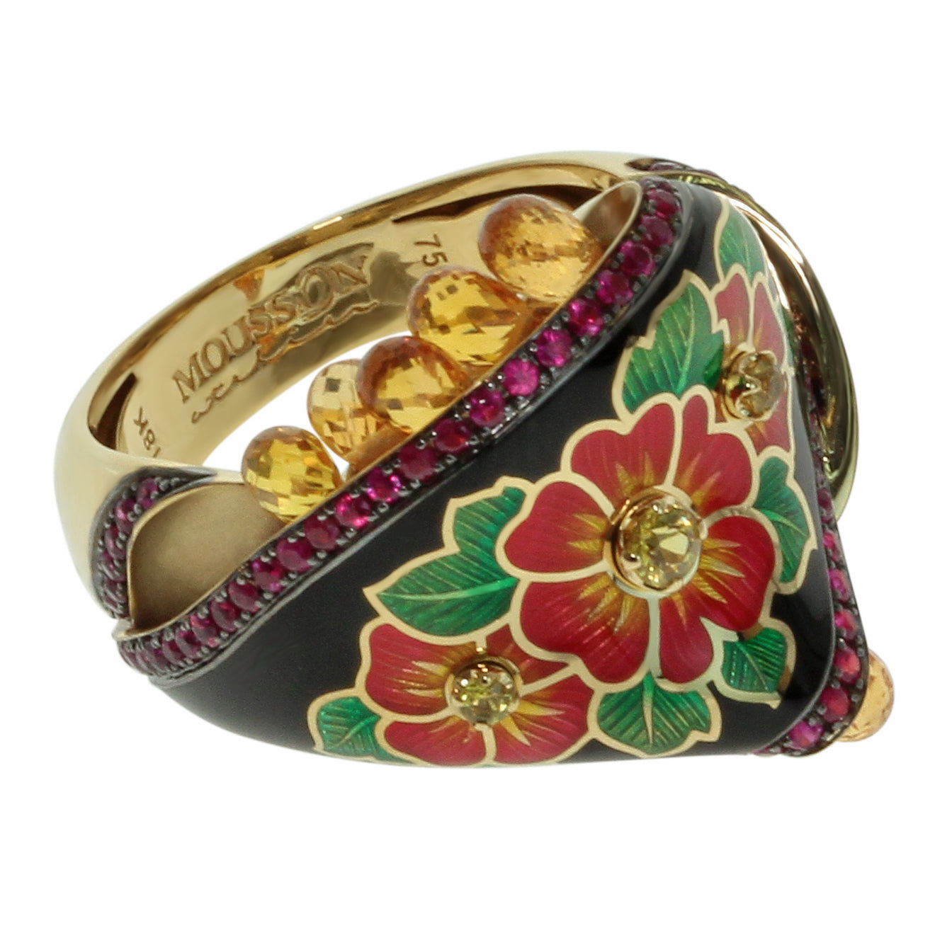 R 0097-0 18K Yellow Gold, Enamel, Ruby, Yellow and Orange Sapphire Ring