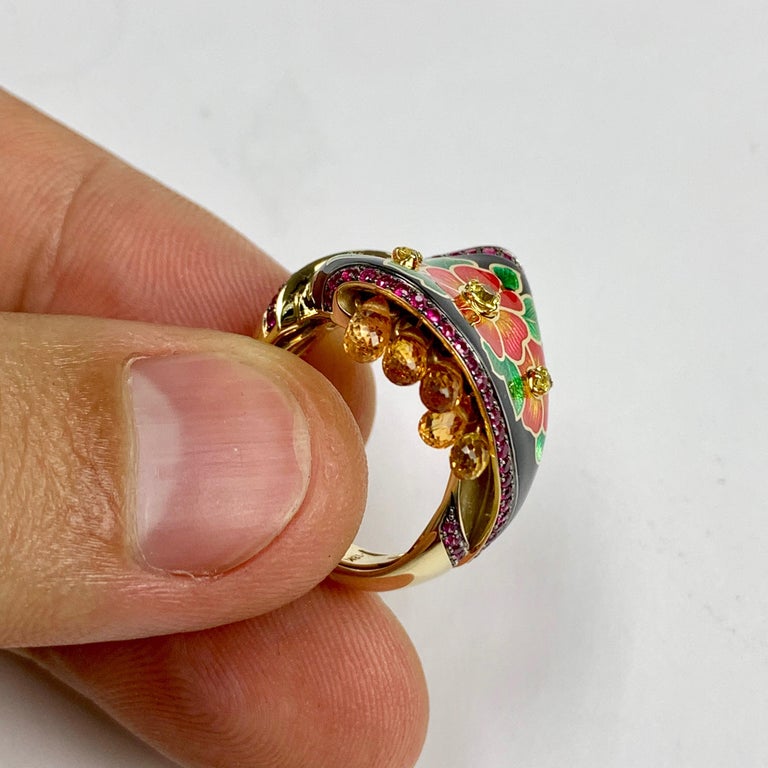 R 0097-0 18K Yellow Gold, Enamel, Ruby, Yellow and Orange Sapphire Ring