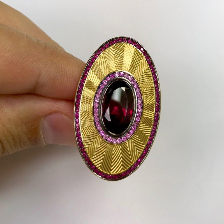 Rhodolite Garnet, Ruby, Pink Sapphire Ring 18K Yellow Gold, R 0105-1