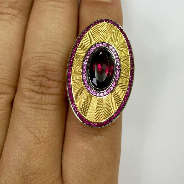Rhodolite Garnet, Ruby, Pink Sapphire Ring 18K Yellow Gold, R 0105-1