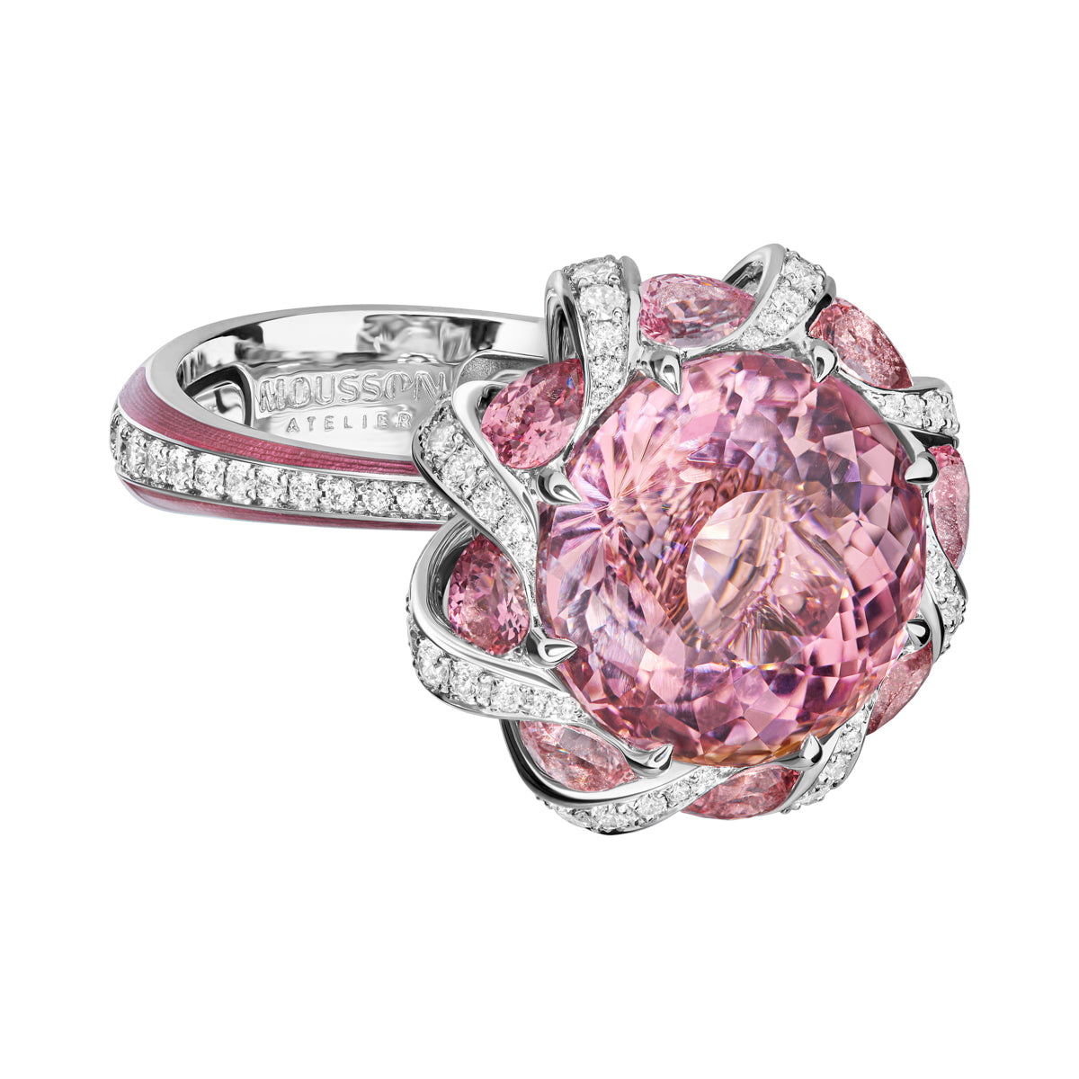 Pink Tourmaline, Enamel, Diamonds 18K White Gold Ring, R 0122-1